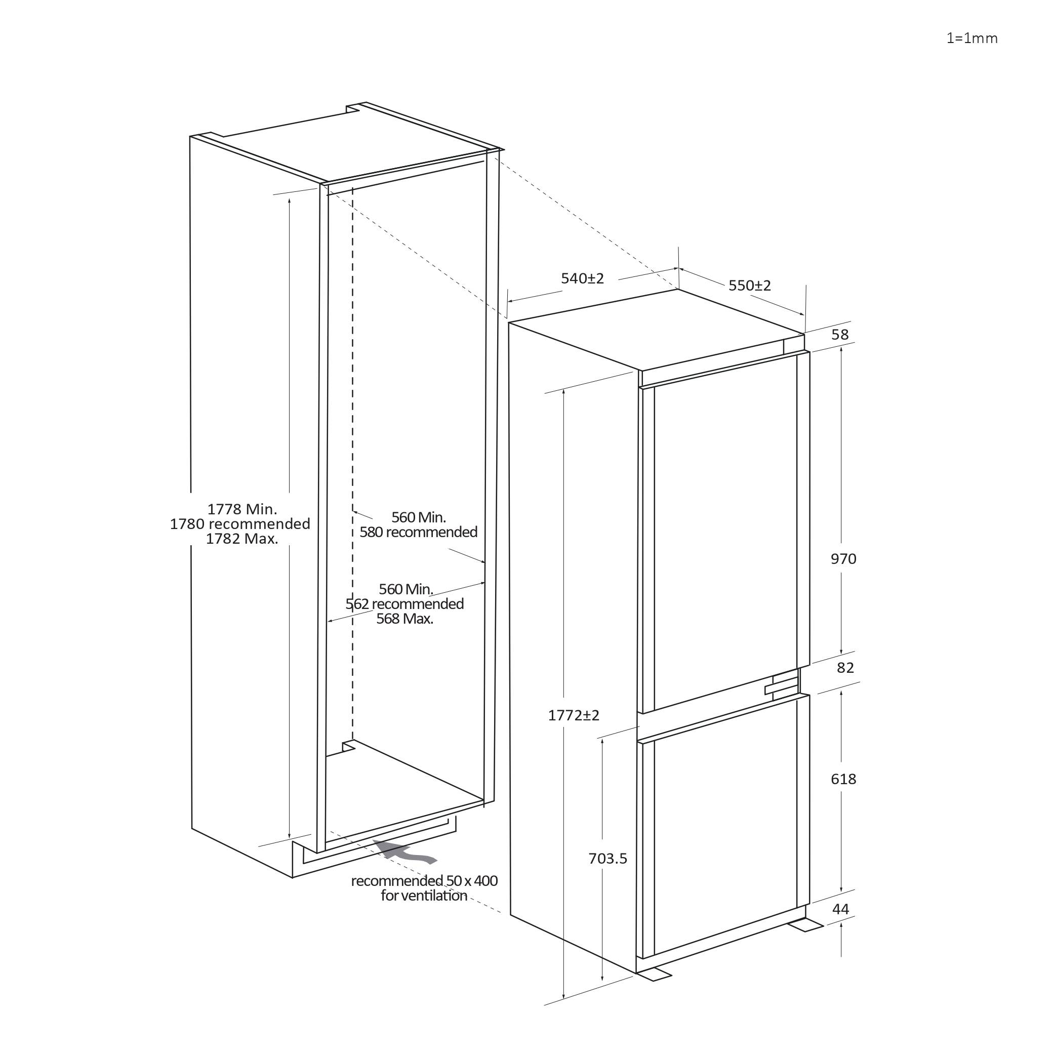 Diagrama de dos estructuras similares a gabinetes con dimensiones y etiquetas en negro sobre fondo blanco.