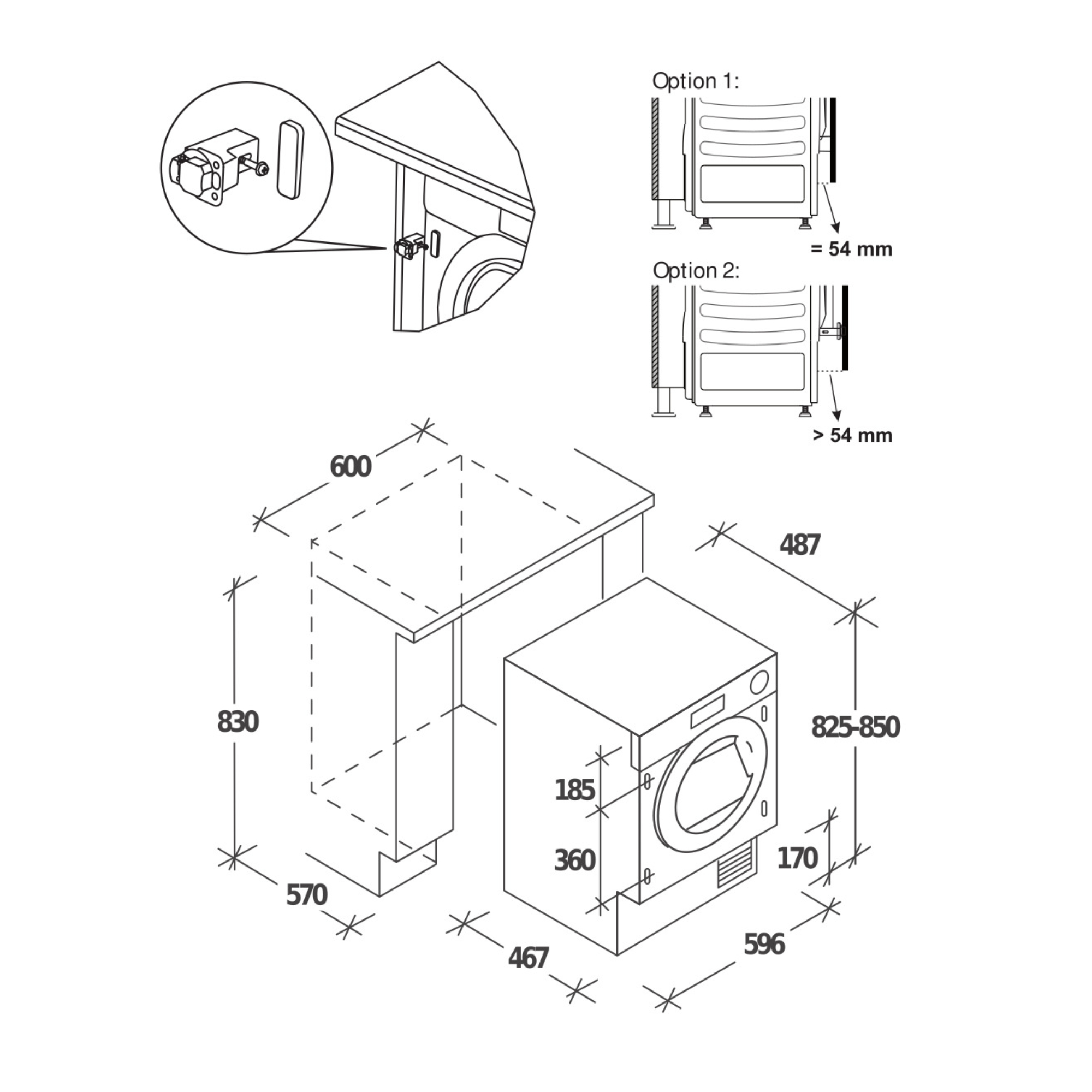 Diagrama que muestra una lavadora con dimensiones y opciones de instalación. Incluye un primer plano de un pestillo.