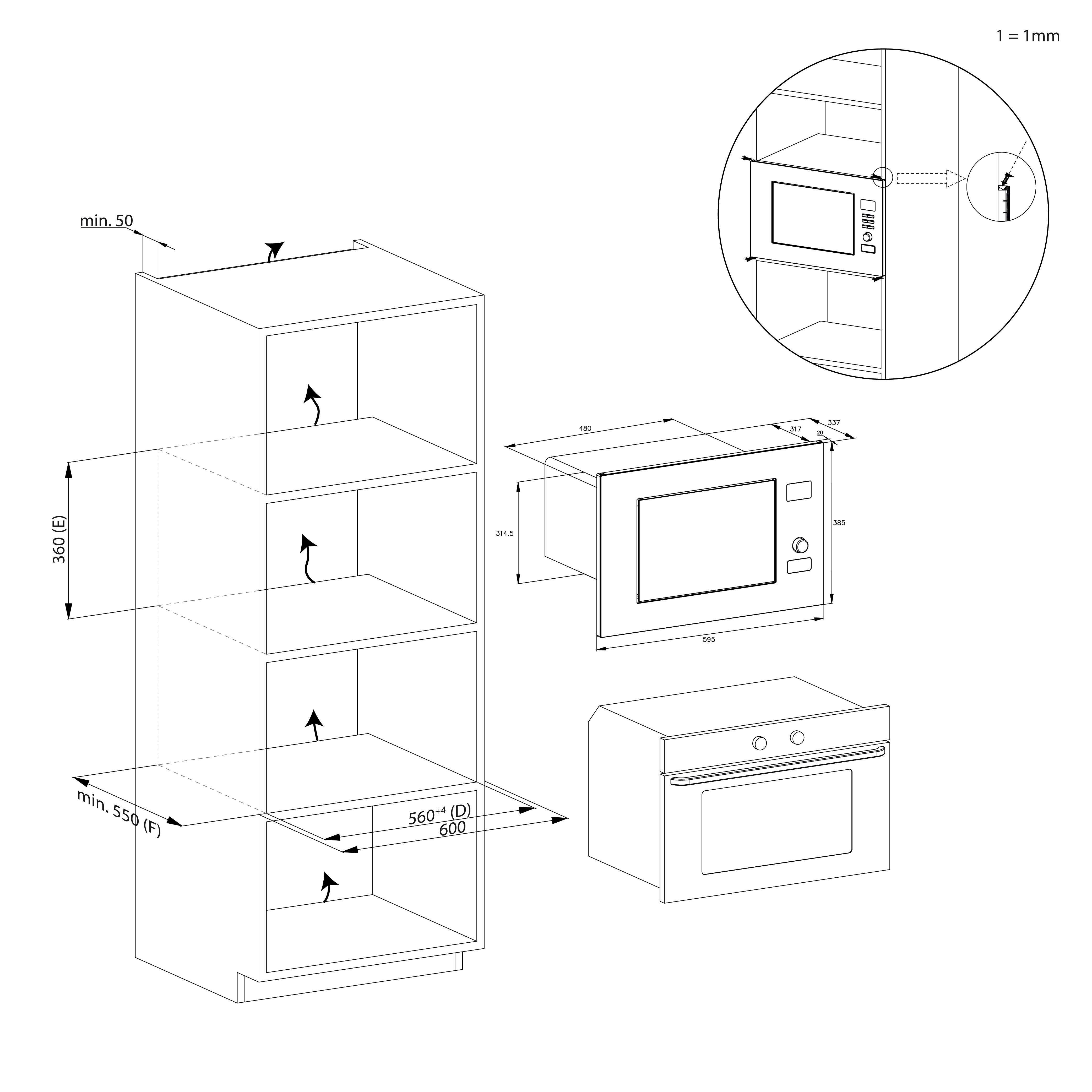 Diagrama de una unidad de cocina empotrada, un microondas y un horno con dimensiones y medidas en milímetros.