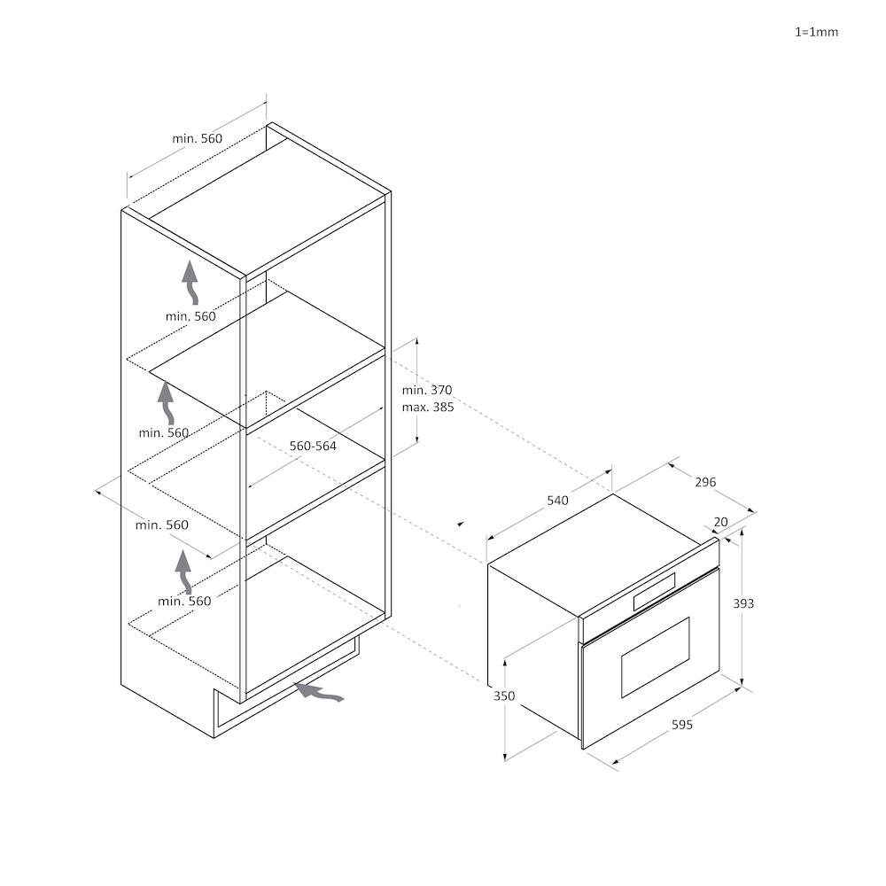 Diagrama muestra un armario con dimensiones y un horno debajo, también con dimensiones. Las medidas están en milímetros.