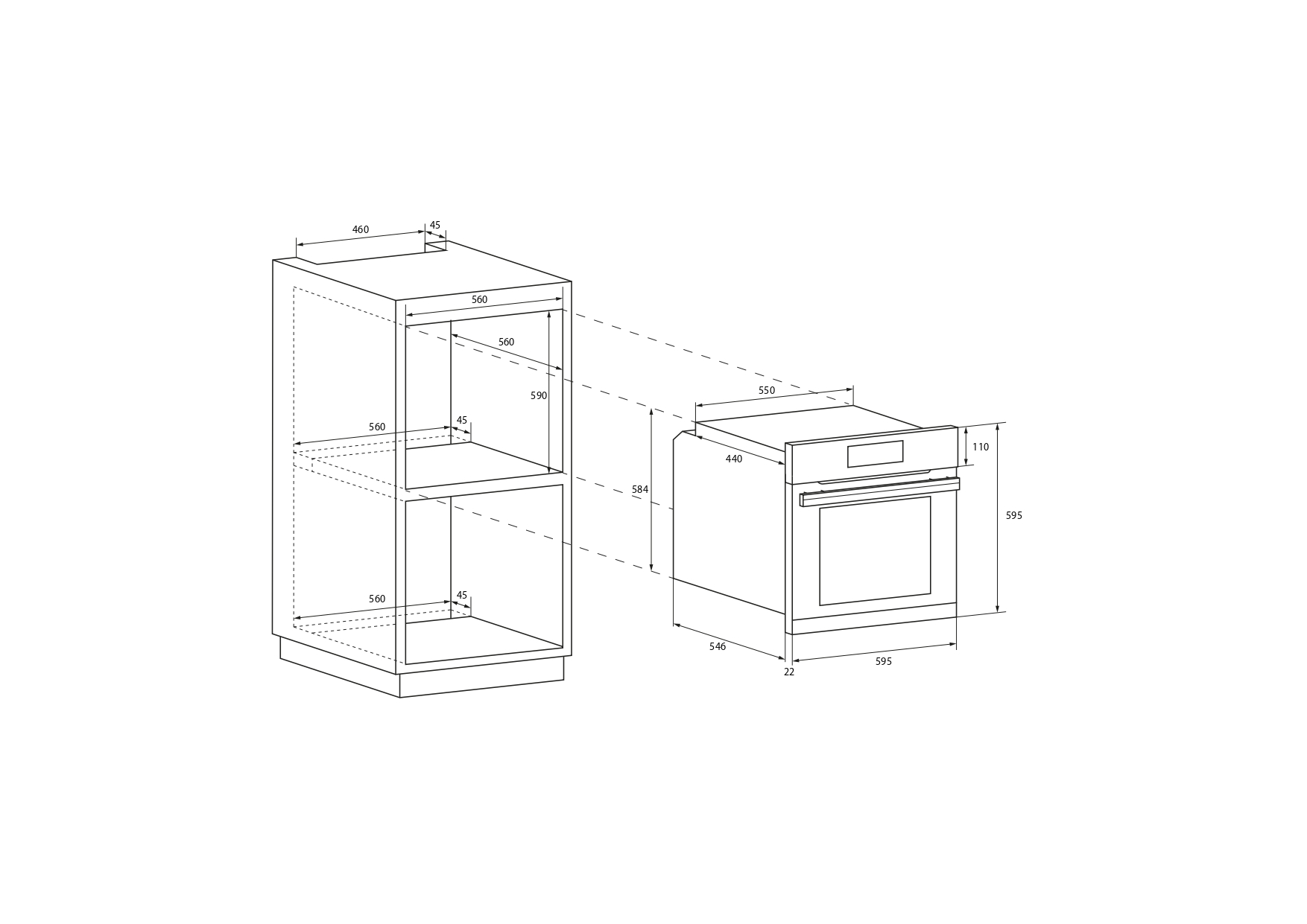 Dibujo técnico de un horno y su armario. Las dimensiones están en milímetros. El horno está a la derecha.