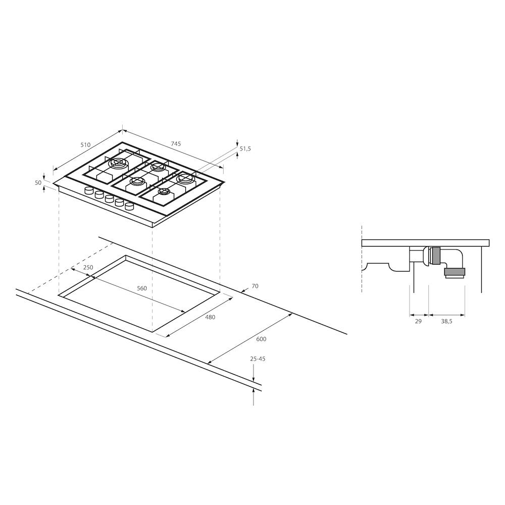 Diagrama de una cocina de gas con dimensiones. Vista superior muestra quemadores y perillas. Vista lateral detalla la instalación.
