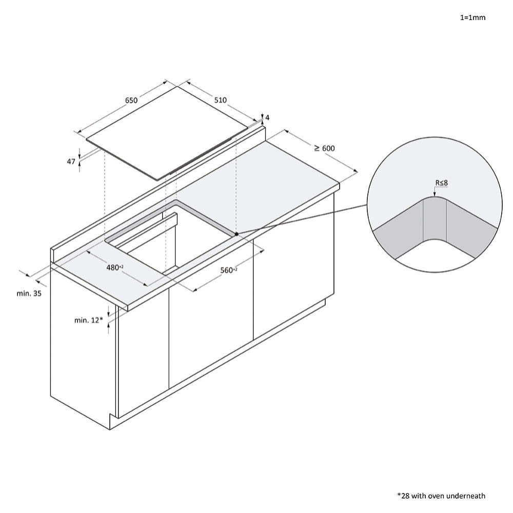 Diagrama de una encimera de cocina con dimensiones. Incluye un hueco para un fregadero y una pieza superior separada, con etiquetas y medidas.