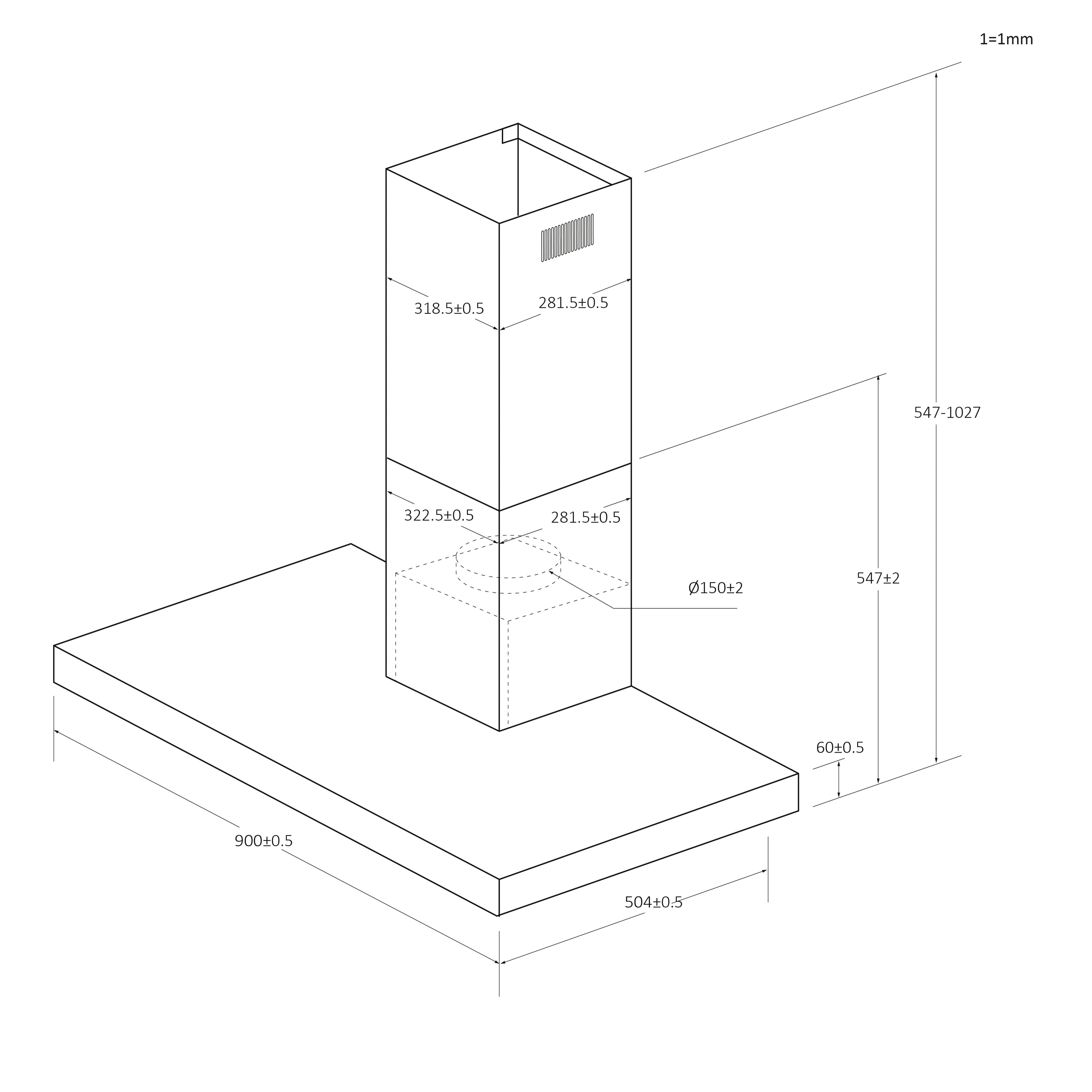 Diagrama de una campana extractora con dimensiones y medidas en milímetros. Es un dibujo técnico.