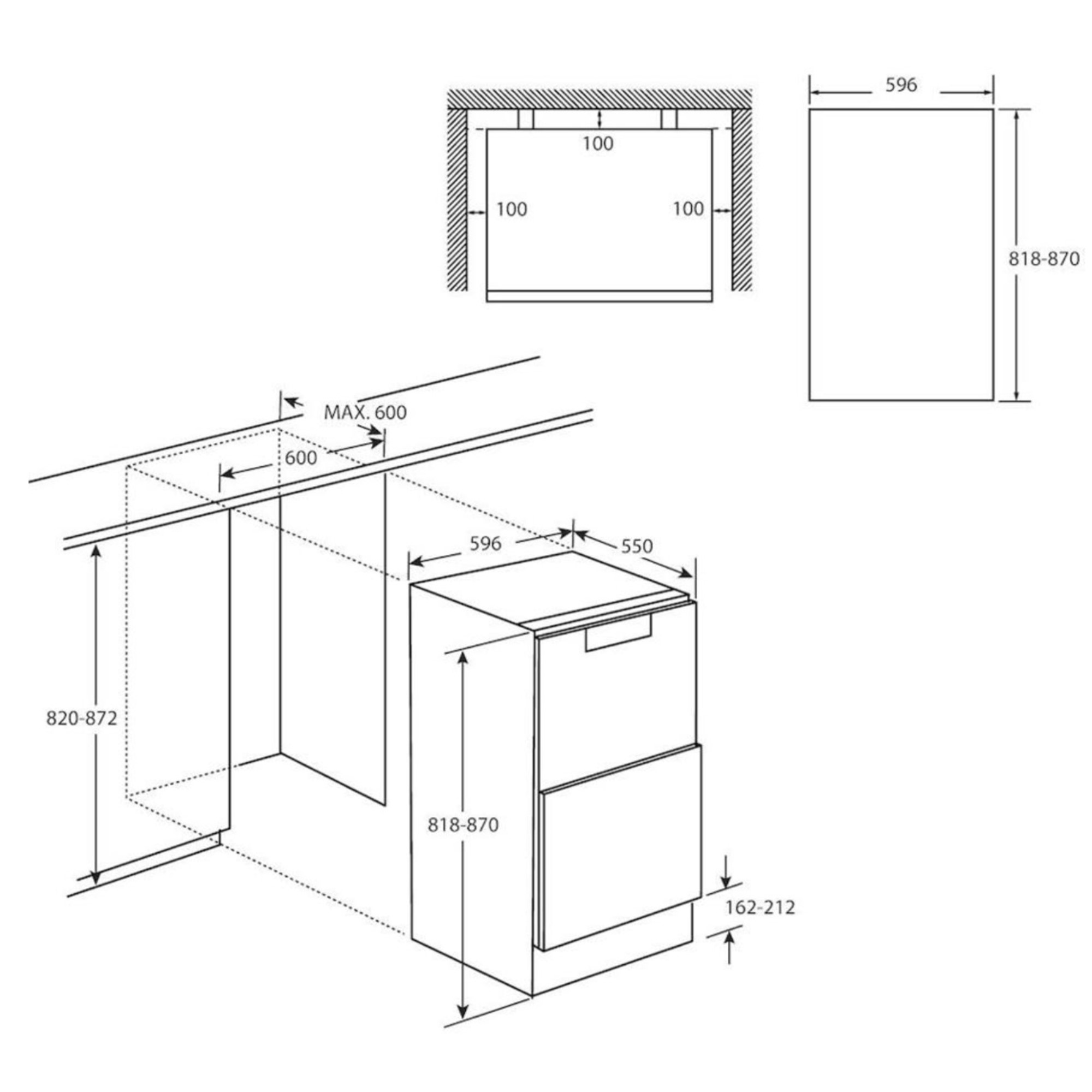Diagrama que muestra las dimensiones de un electrodoméstico de cocina, con medidas en milímetros.