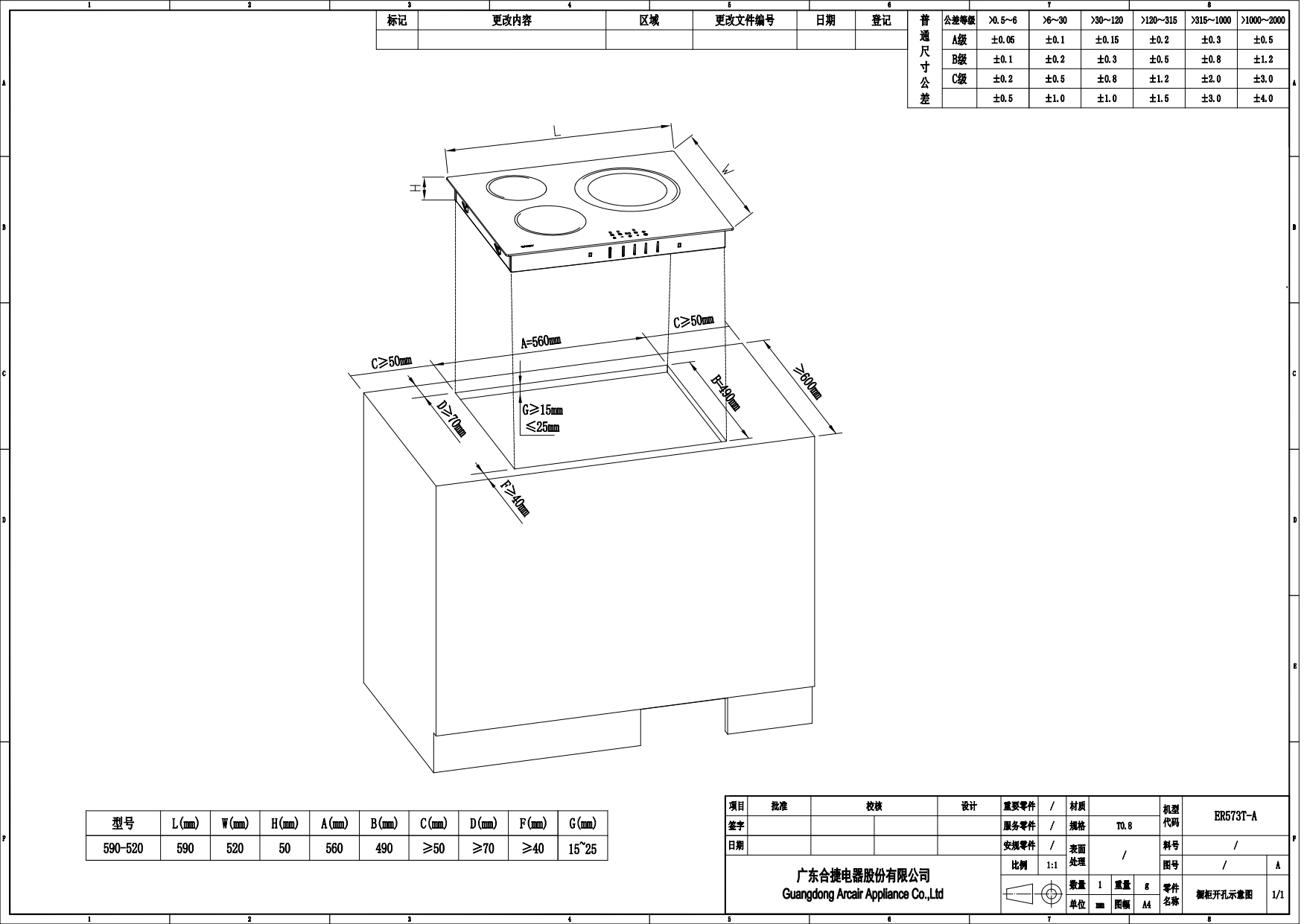 Dibujo técnico de una encimera con dimensiones y especificaciones, incluyendo una tabla con grados de tolerancia.