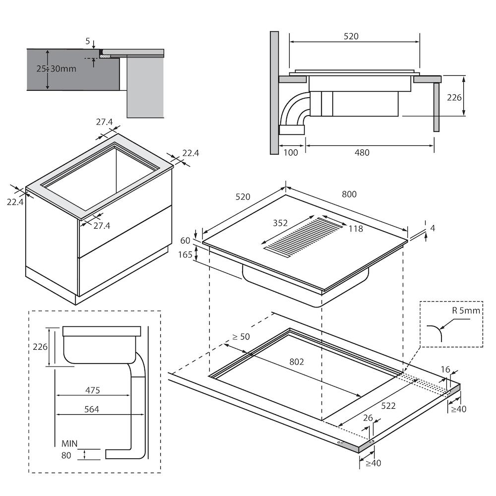 Dibujo técnico de un electrodoméstico de cocina con dimensiones. Muestra vistas superior, lateral y frontal con medidas en milímetros.