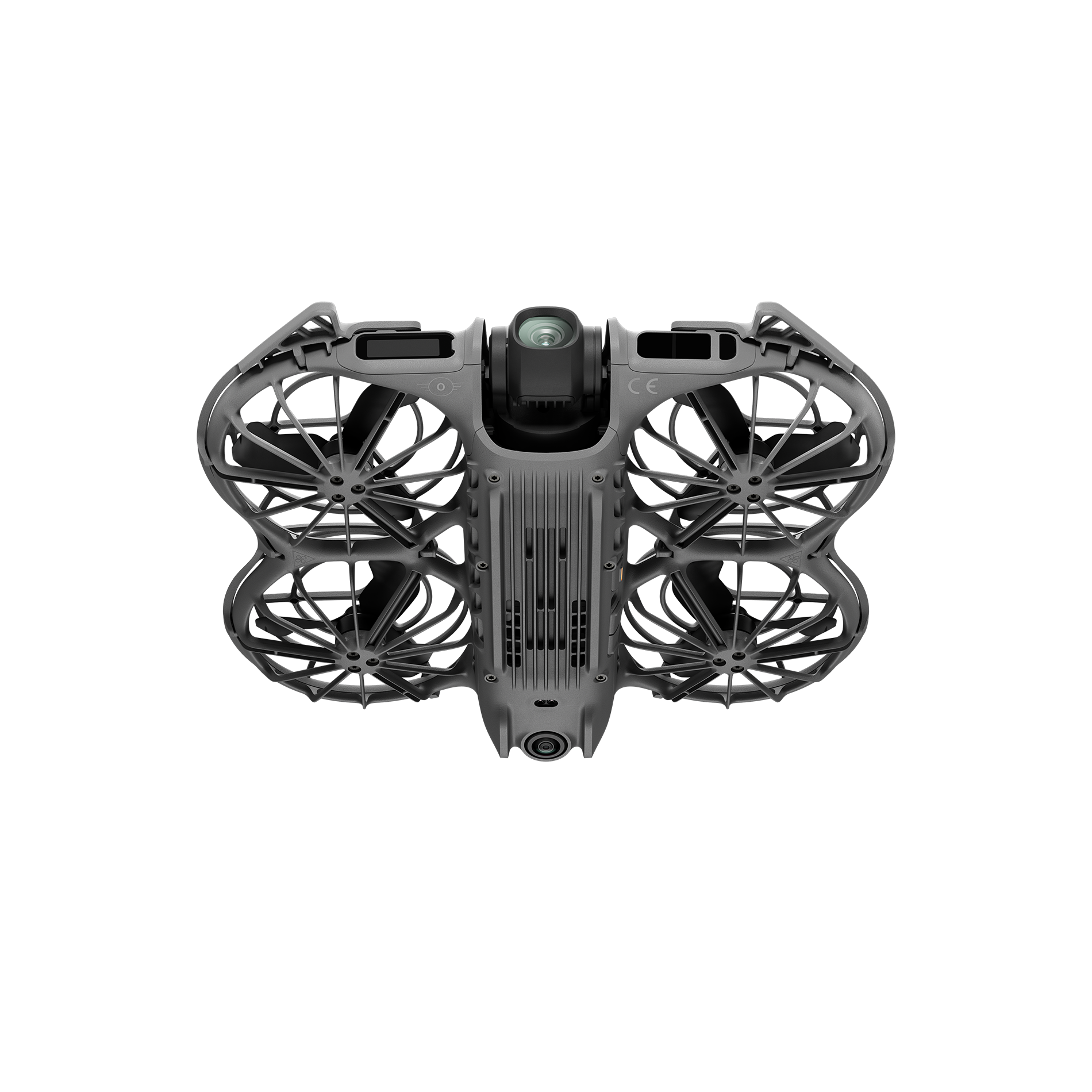 Yukarıdan görünen gri bir drone. Dört pervanesi ve bir kamerası var. Arka plan gri bir gradyan.