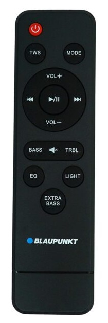 Czarny pilot z przyciskami do zasilania, głośności, basów i innych funkcji. Widoczna nazwa marki Blaupunkt.