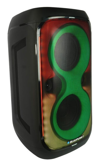 Czarny głośnik z zielonym, czerwonym i żółtym podświetlanym grillem. Widoczne logo Blaupunkt.
