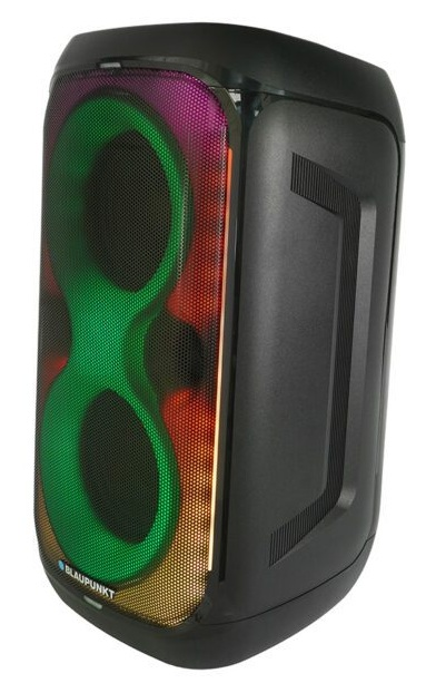 Czarny głośnik z kolorowymi światłami. Przód ma siatkę z zielonymi, różowymi i pomarańczowymi światłami. Widoczne logo Blaupunkt.