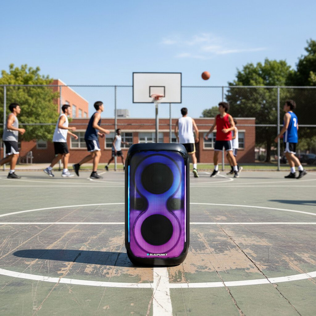 Głośnik stoi na boisku do koszykówki. Gracze w tle. Piłka do koszykówki w powietrzu. Czyste błękitne niebo.