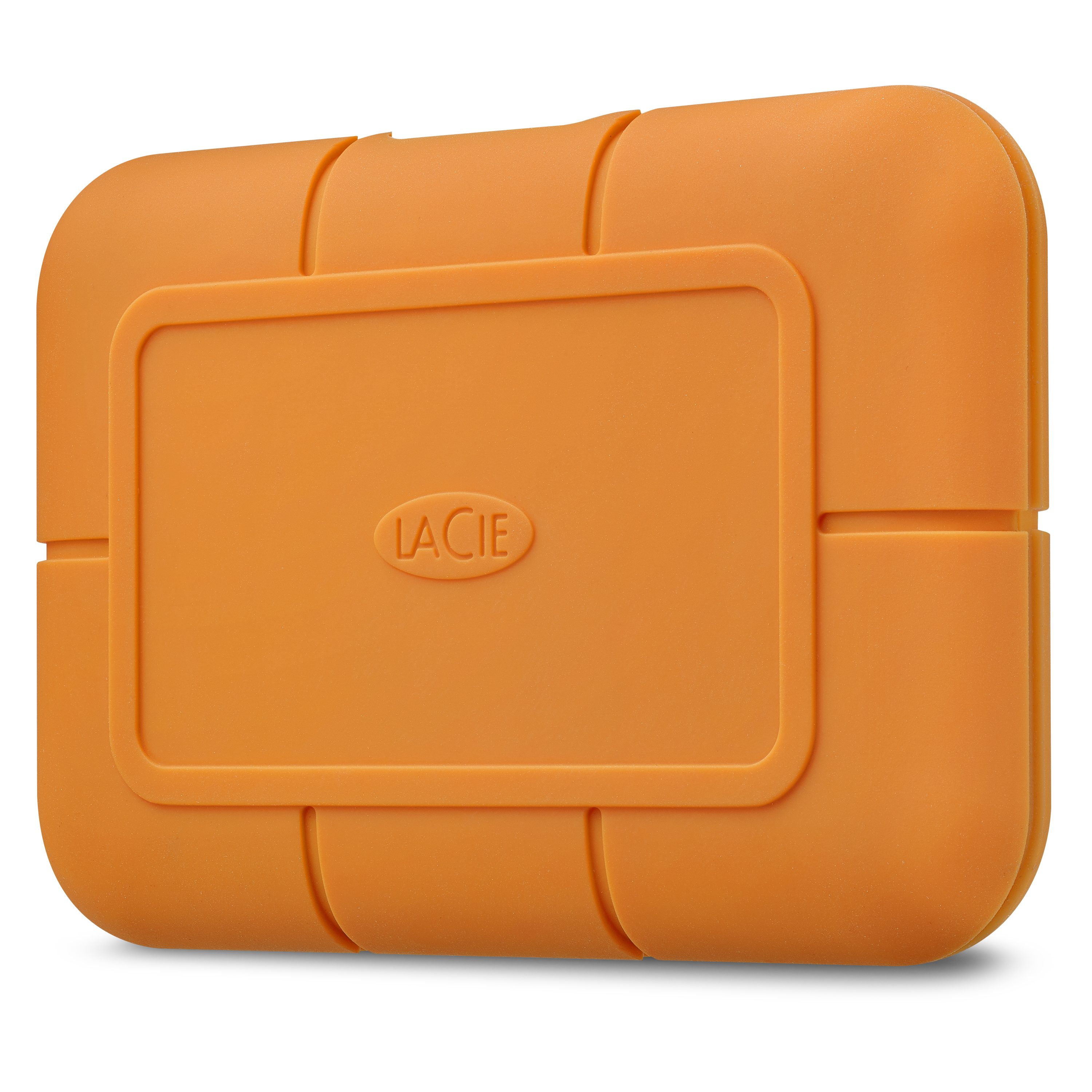 Auf weißem Hintergrund ist eine orangefarbene externe Festplatte von LaCie zu sehen. Es hat ein rechteckiges Design und einen dezenten Schatten.
