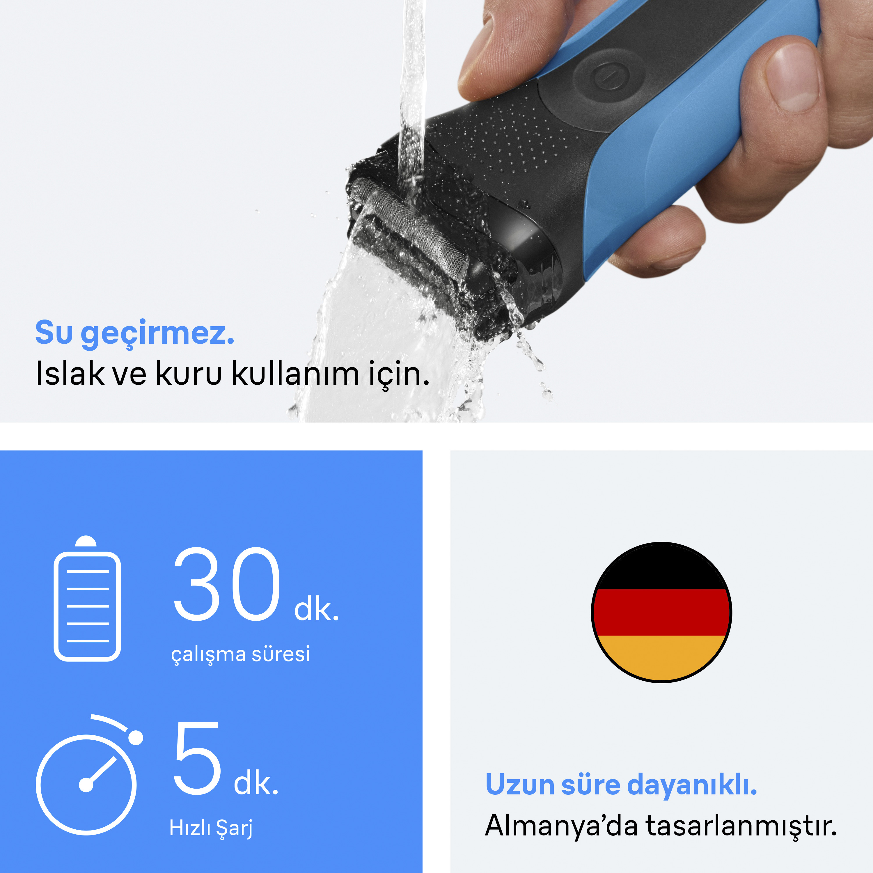 Mavi ve siyah bir tıraş makinesi suyla durulanıyor. Pil ömrü ve menşei ülkesiyle ilgili detaylar görülebilir.
