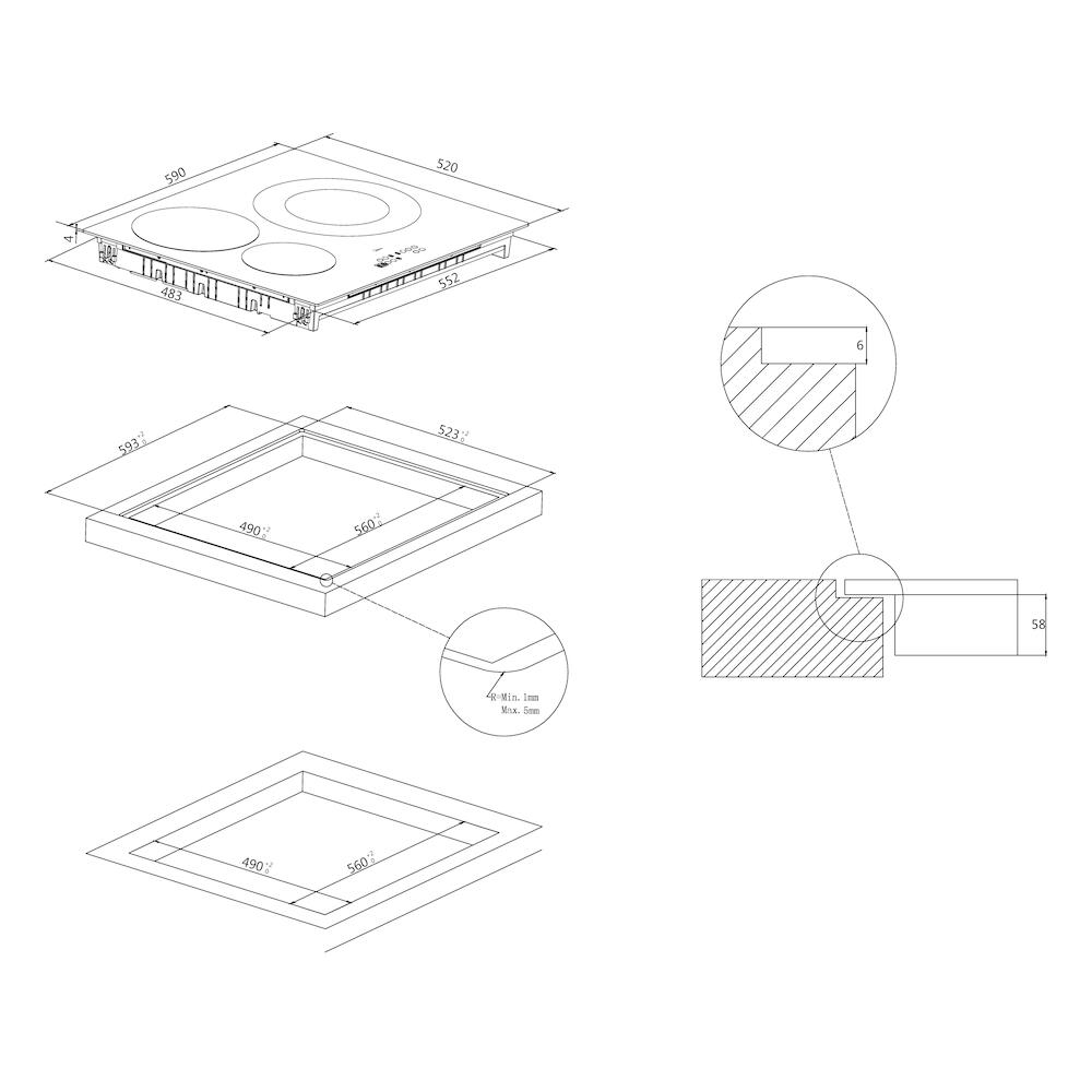 Dibujo técnico de una encimera con dimensiones. Incluye vistas superiores y detalles de bordes e instalación.
