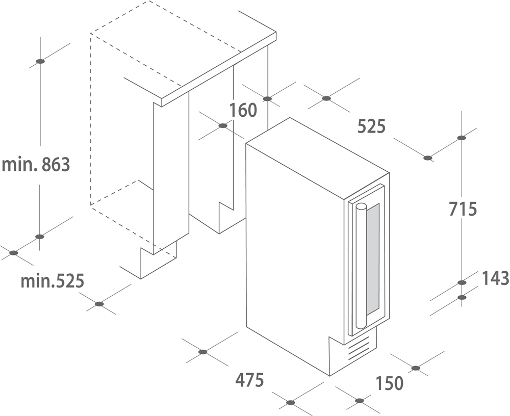 Dibujo isométrico de un electrodoméstico empotrado con dimensiones en milímetros.