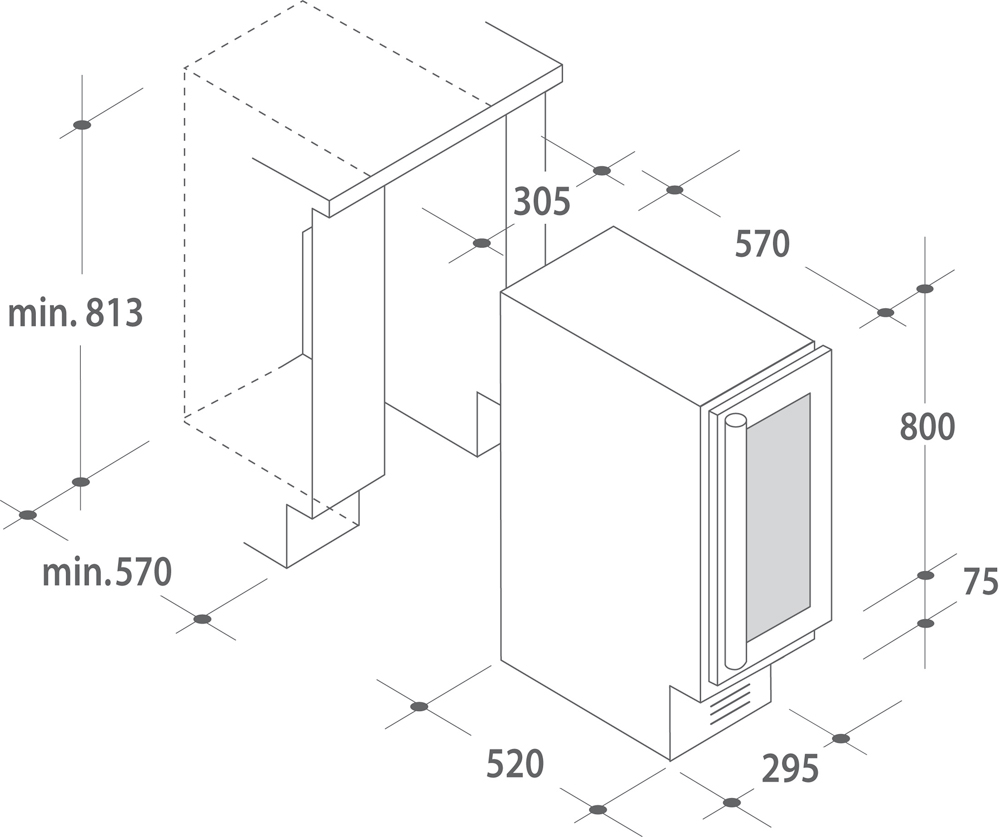 Diagrama de un refrigerador con dimensiones. El refrigerador es rectangular con puerta de vidrio, y las medidas están alrededor.