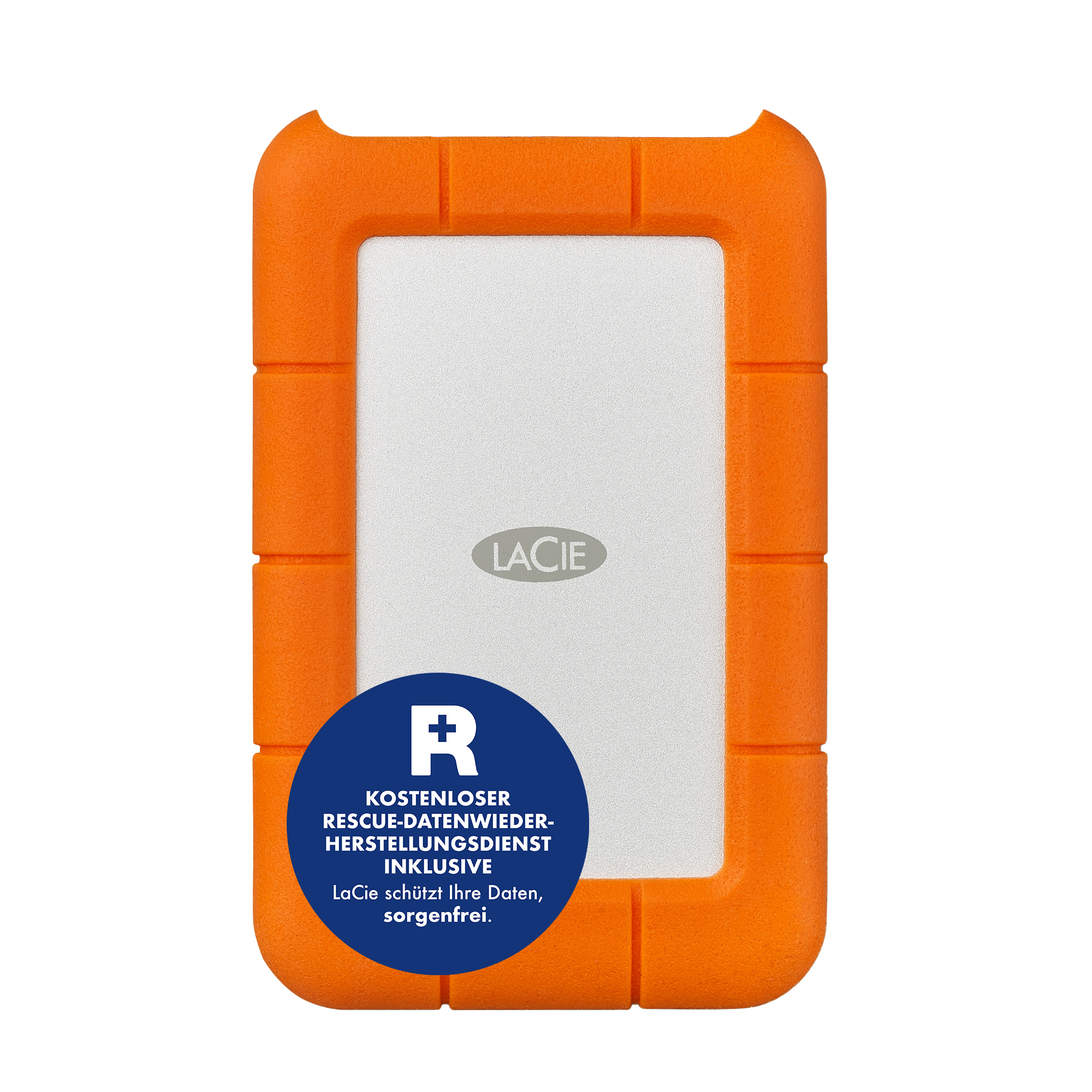 Eine orangefarbene externe Festplatte von LaCie. Sie hat eine weiße Mitte mit dem LaCie-Logo und einem blauen Aufkleber.