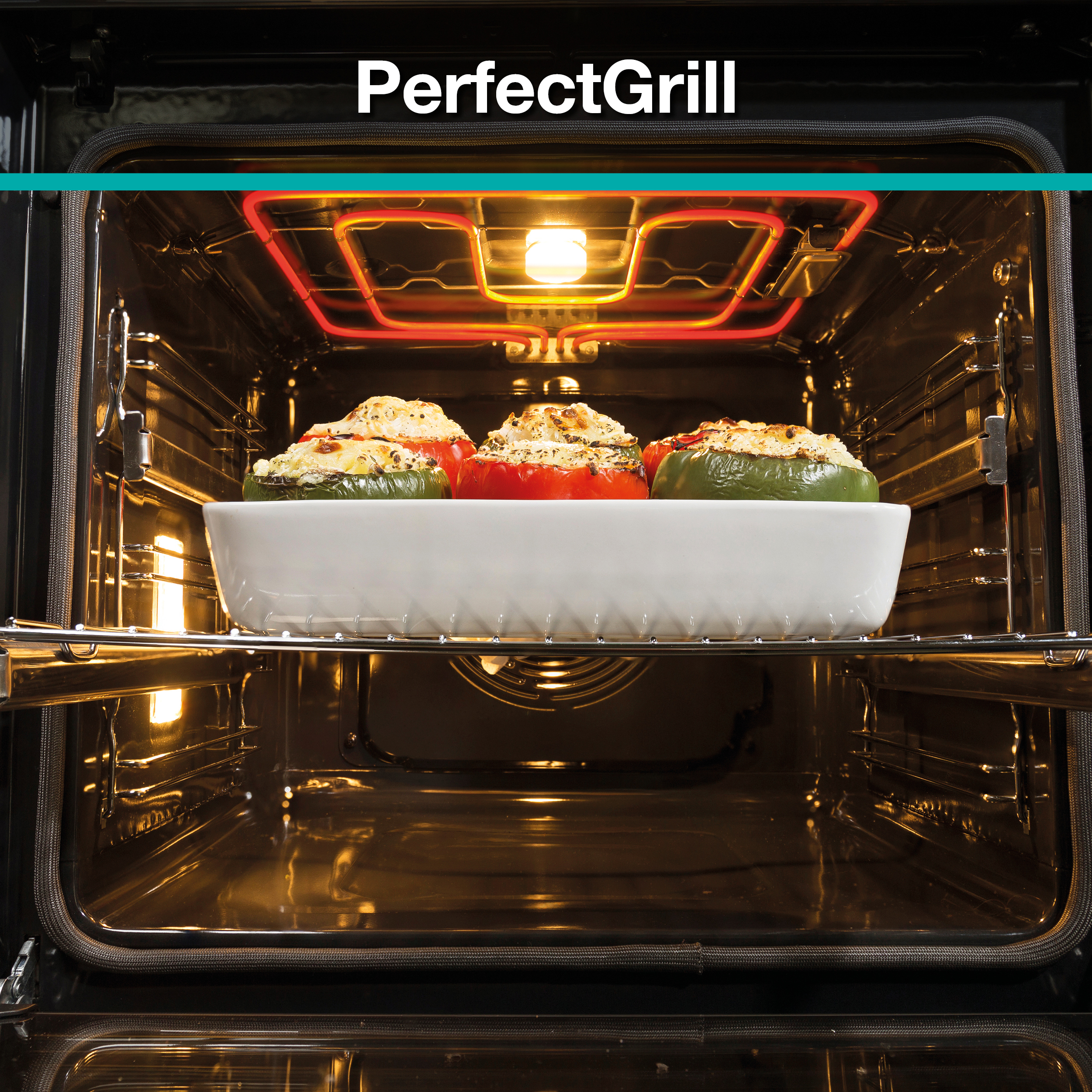Egy PerfectGrill sütőben töltött paprika sül egy fehér tálban. A sütő fűtőeleme pirosan izzik.