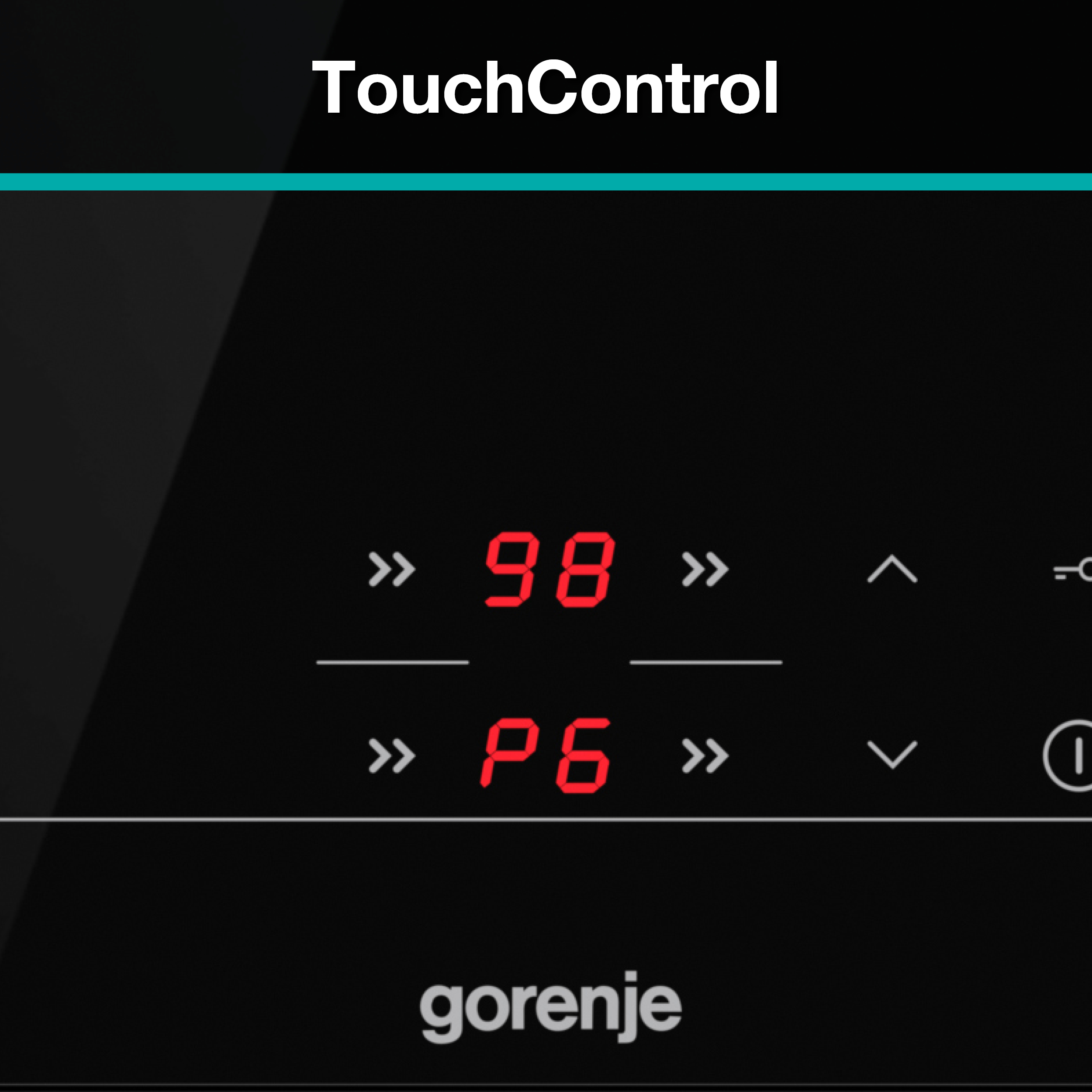Fekete érintőpanel piros digitális kijelzővel. A márka a Gorenje.