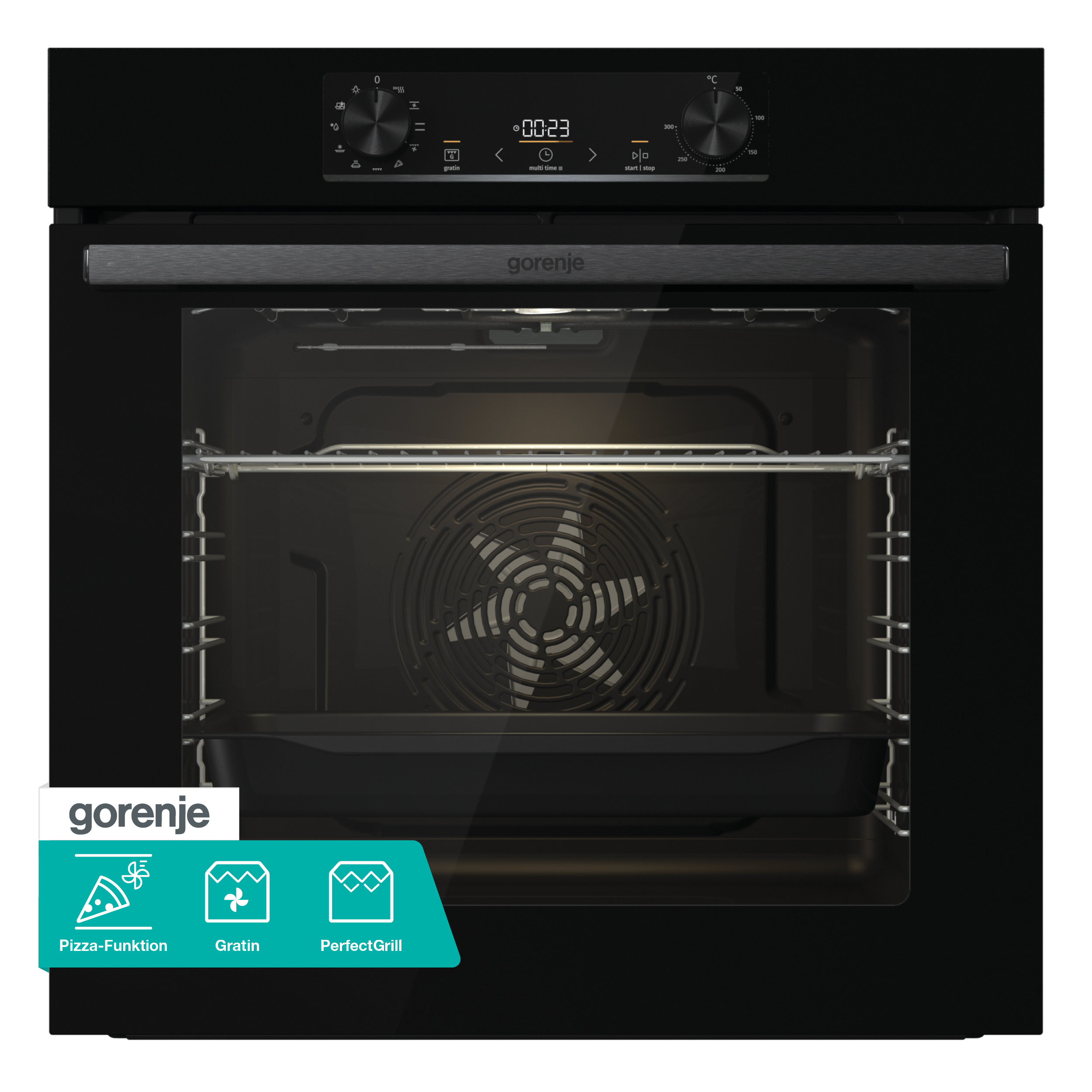 Fekete sütő digitális kijelzővel. Pizza, Gratin és PerfectGrill funkciók. A márka a Gorenje.