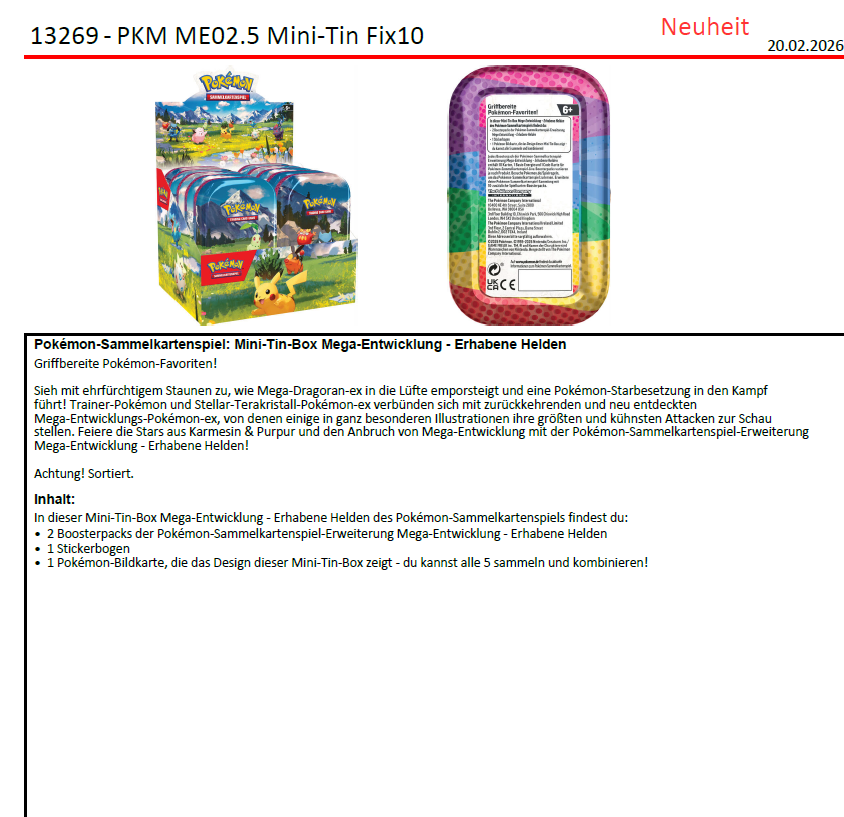 Das Bild zeigt eine Pokemon Mini-Tin-Box mit einem Pokemon-Display und Produktdetails. Die Dose ist bunt mit Regenbogenmuster.