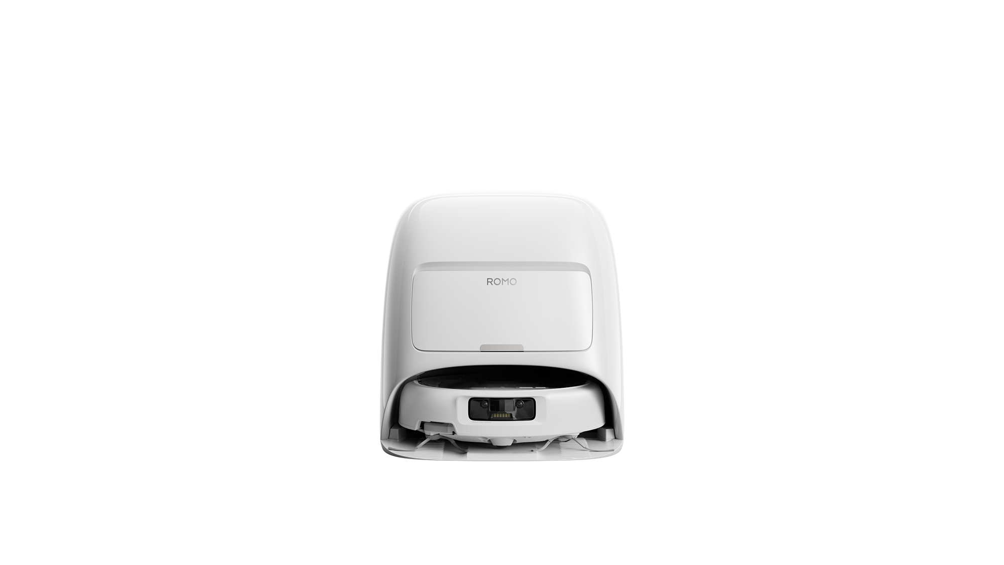 Beyaz bir Romo robot süpürge. Süpürgenin yuvarlak bir gövdesi, Romo logosu var. Tabanında kamera ve sensörler bulunuyor.