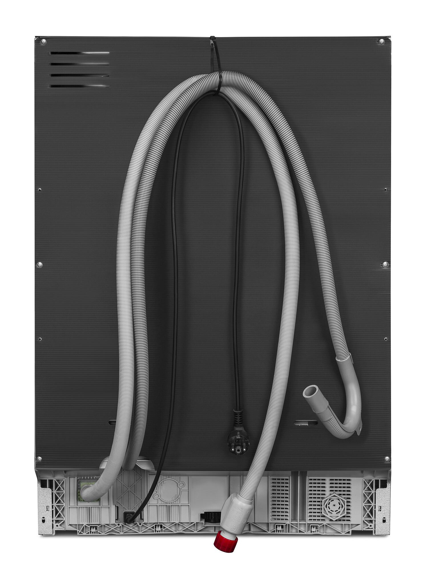 Rückseite eines Geschirrspülers. Graue, wellenförmige Rückwand mit Schläuchen und einem Netzkabel. Ein rotes Ventil ist sichtbar.