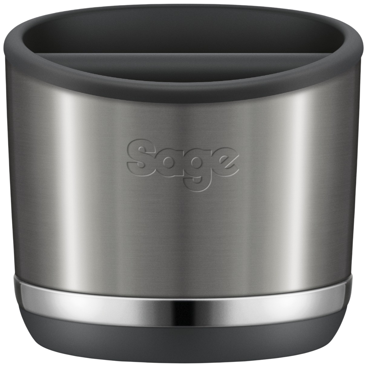 A metallic gray utensil holder with a dark gray rim and base. The word "Sage" is embossed on the front. A silver band is at the base.