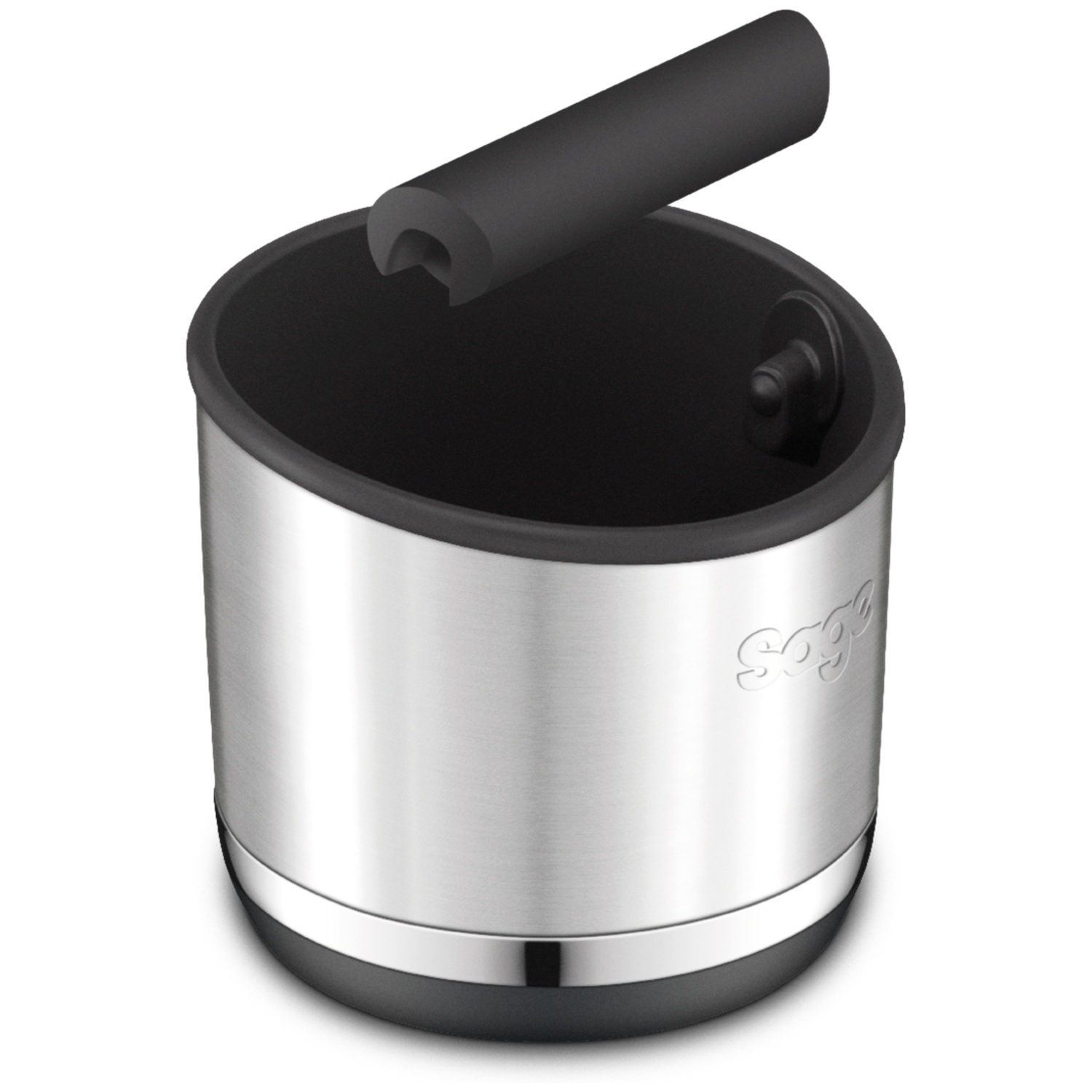 A stainless steel Sage appliance with a black interior. It has a black handle and a black base, with the brand name embossed on it.