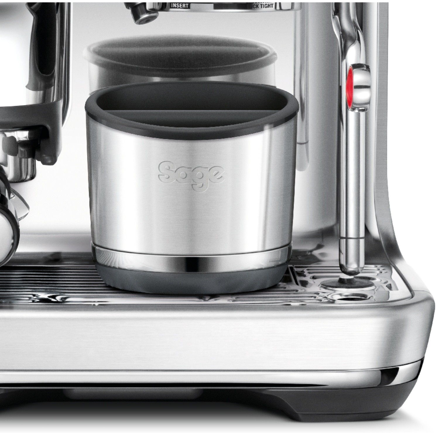 A stainless steel espresso machine with a black and silver cup holder and a water container.