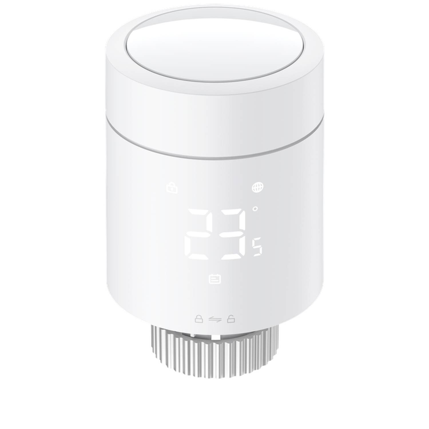 A white smart thermostat with a digital display showing '23'. It has a round top and a ribbed base.