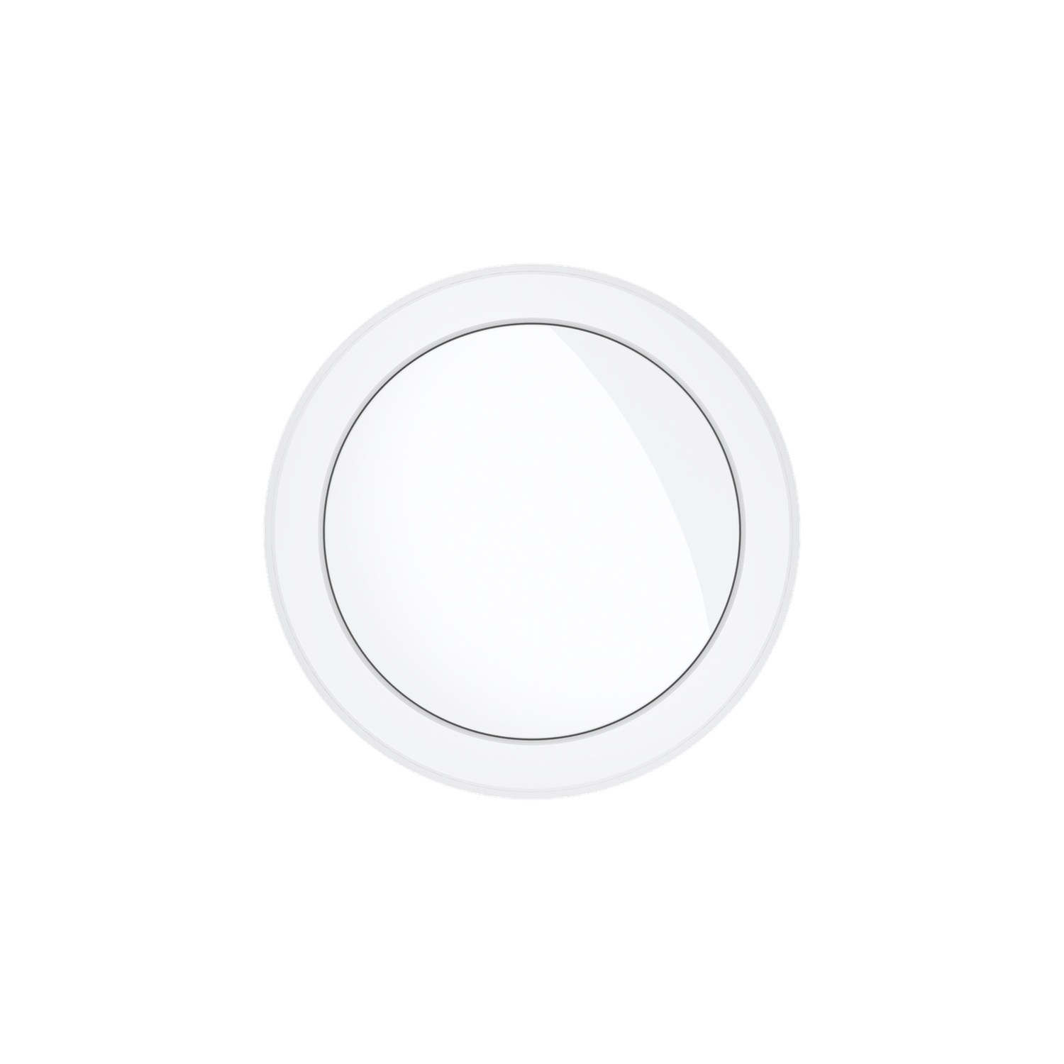 A white circular object with a light gray border and a black inner ring, set against a white background.