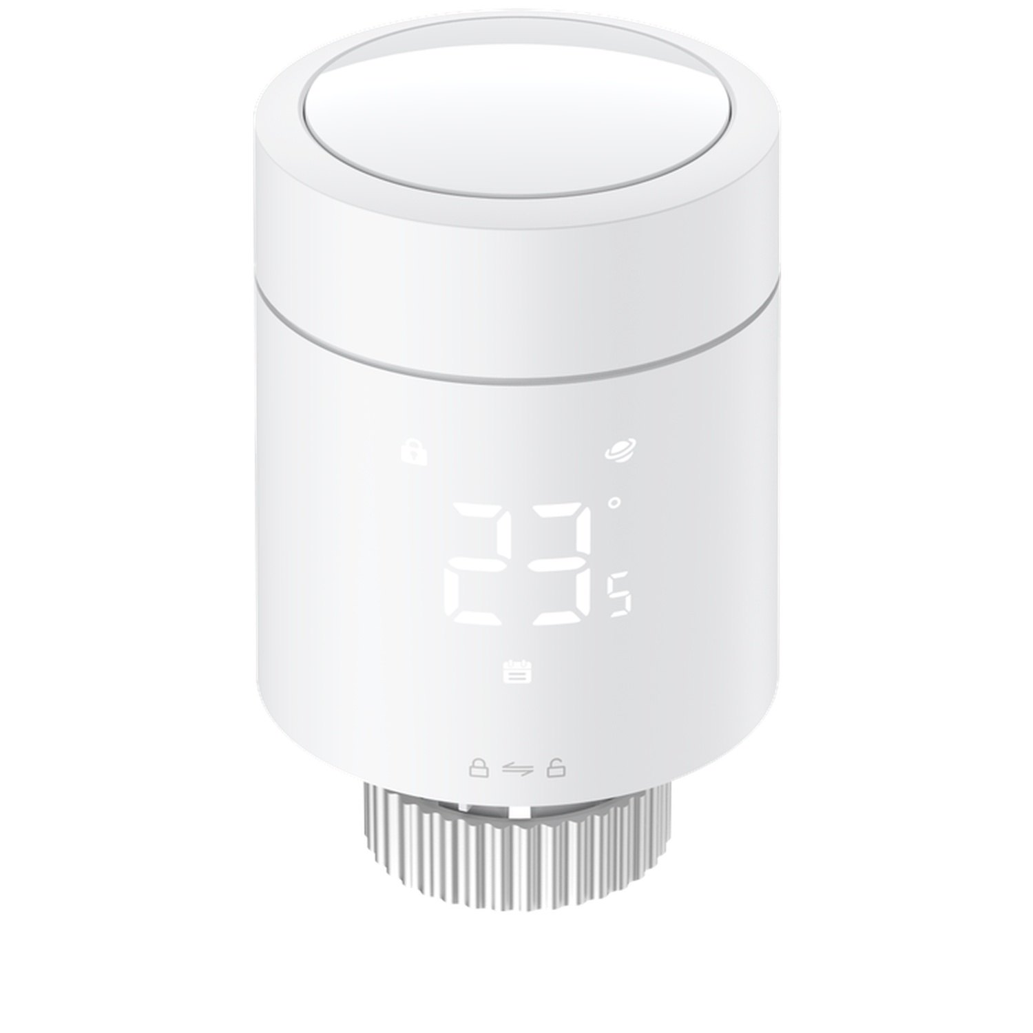 A white smart thermostat with a digital display showing '23'. It has a round top and a ribbed base. The display shows symbols.