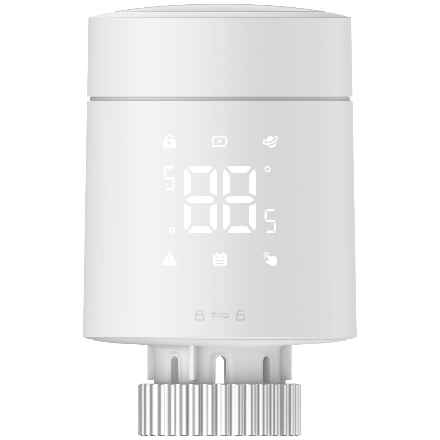 A white smart thermostat with a digital display showing '88.5'. It has several icons and a metallic, textured base.