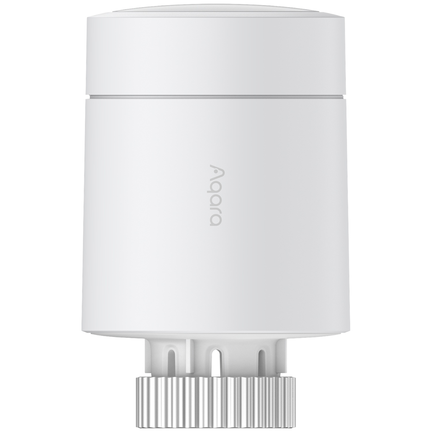 A white Aqara smart thermostat. It has a cylindrical body, a rounded top, and a threaded base.