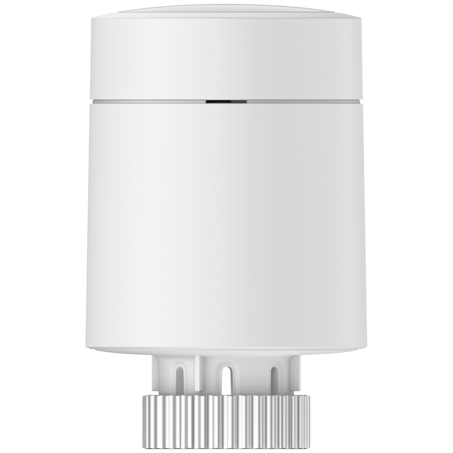 A white cylindrical device with a rounded top and a ridged, metallic base. It has a clean, minimalist design against a white backdrop.