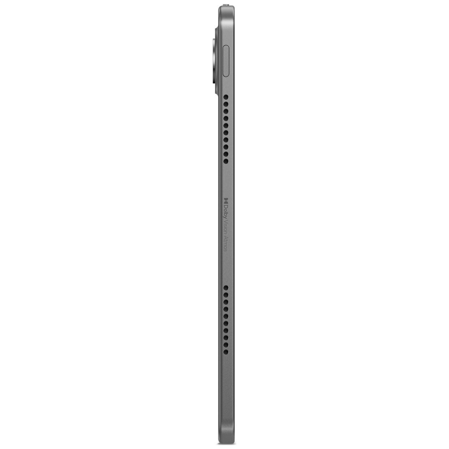 Vue latérale d'une tablette grise. Montre le bord avec boutons, haut-parleurs et le logo Dolby Vision Atmos. L'appareil est sur fond blanc.