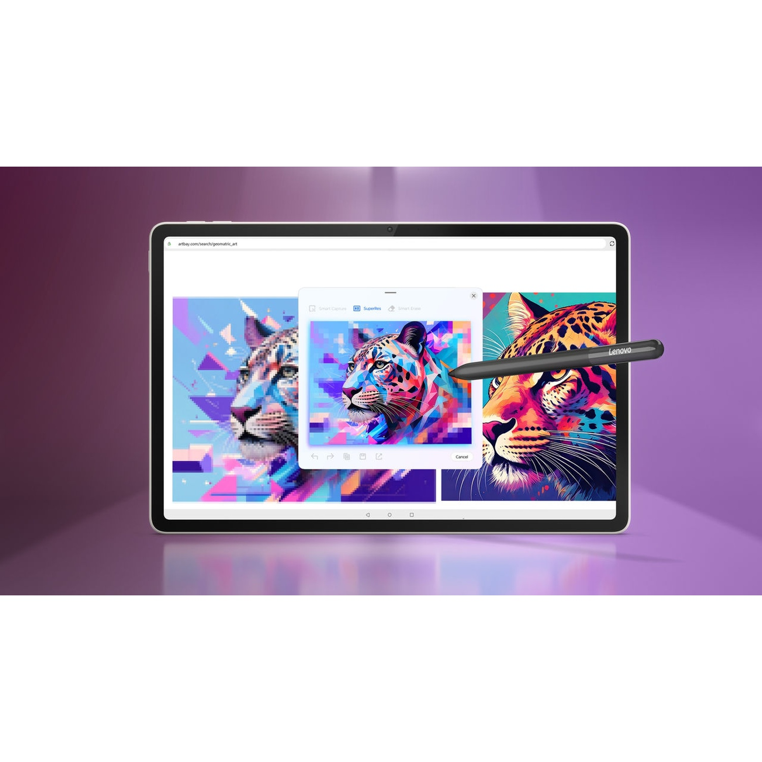 Tablette affichant de l'art de léopard. Un stylet Lenovo flotte au-dessus de l'écran. Le fond est un dégradé violet.