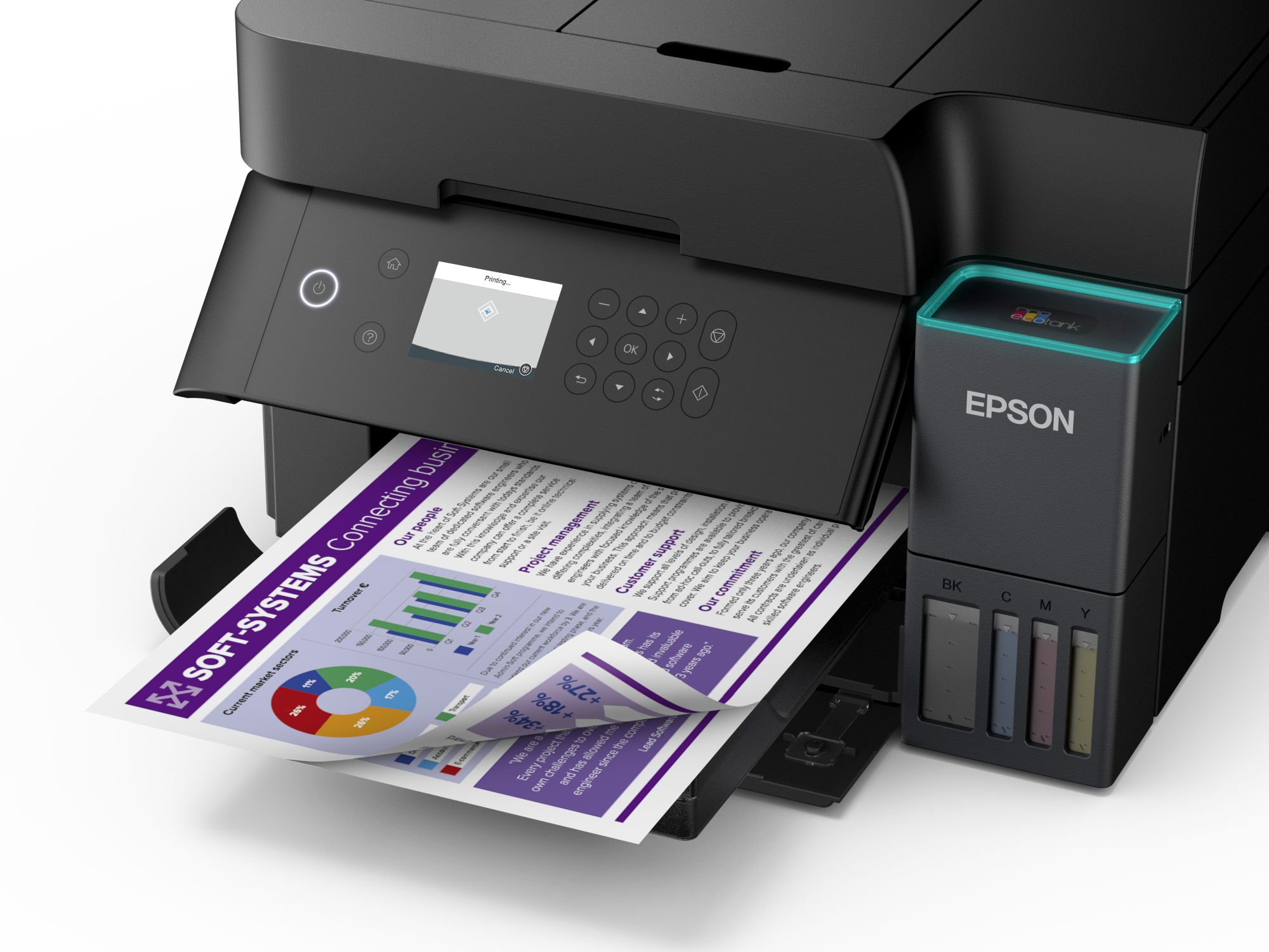 Ein Epson-Drucker druckt ein Dokument mit Diagrammen. Der Drucker ist schwarz, und das Dokument zeigt Geschäftsdaten.