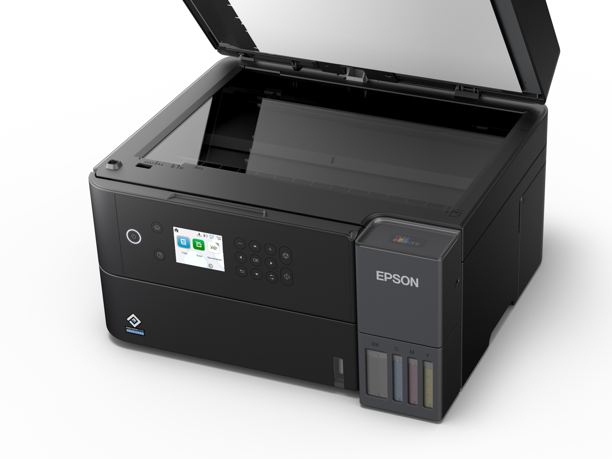 Schwarzer Epson-Drucker mit offenem Deckel. Er hat einen Touchscreen und Tintenbehälter. Der Hintergrund ist weiß.