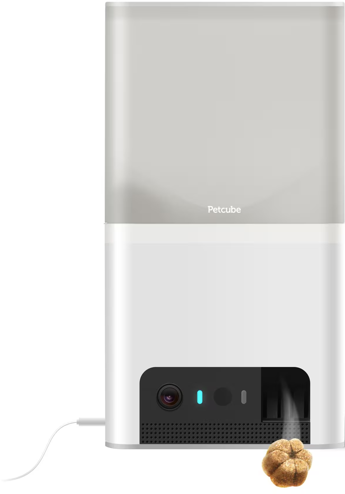 Un dispositivo Petcube bianco e grigio. Ha una fotocamera, una luce blu e un dolcetto marrone.