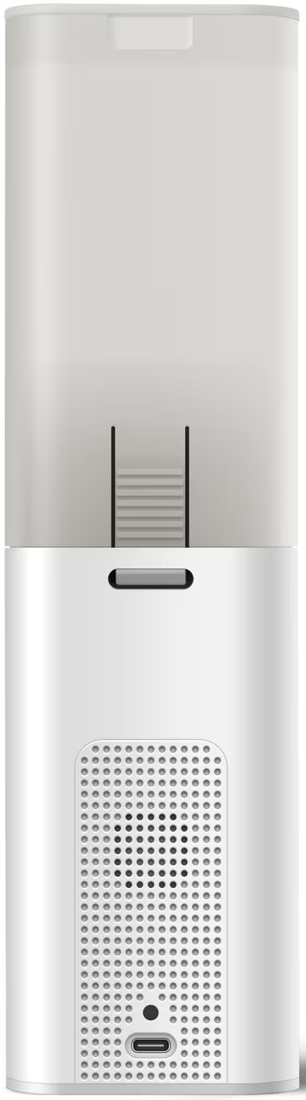 Un dispositivo bianco, cilindrico, con un altoparlante a fessura e una porta USB-C. Ha un design a gradini internamente.