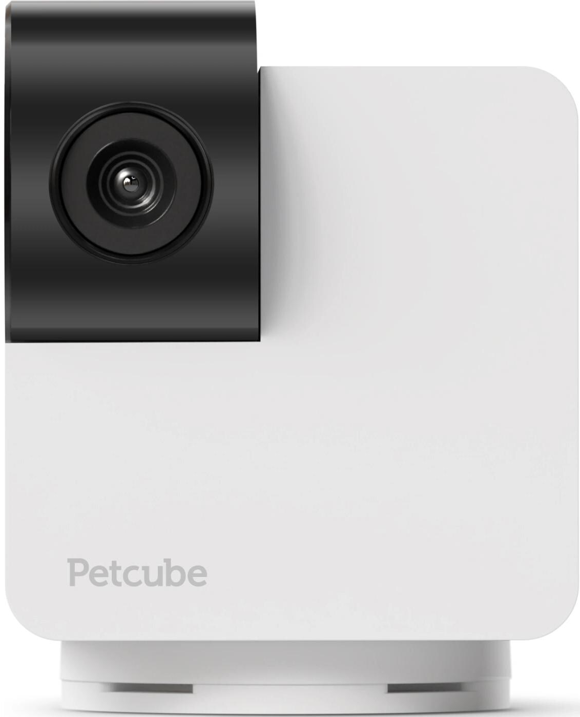 Una fotocamera Petcube bianca. Un obiettivo nero a sinistra. Il nome "Petcube" è stampato sul corpo bianco.