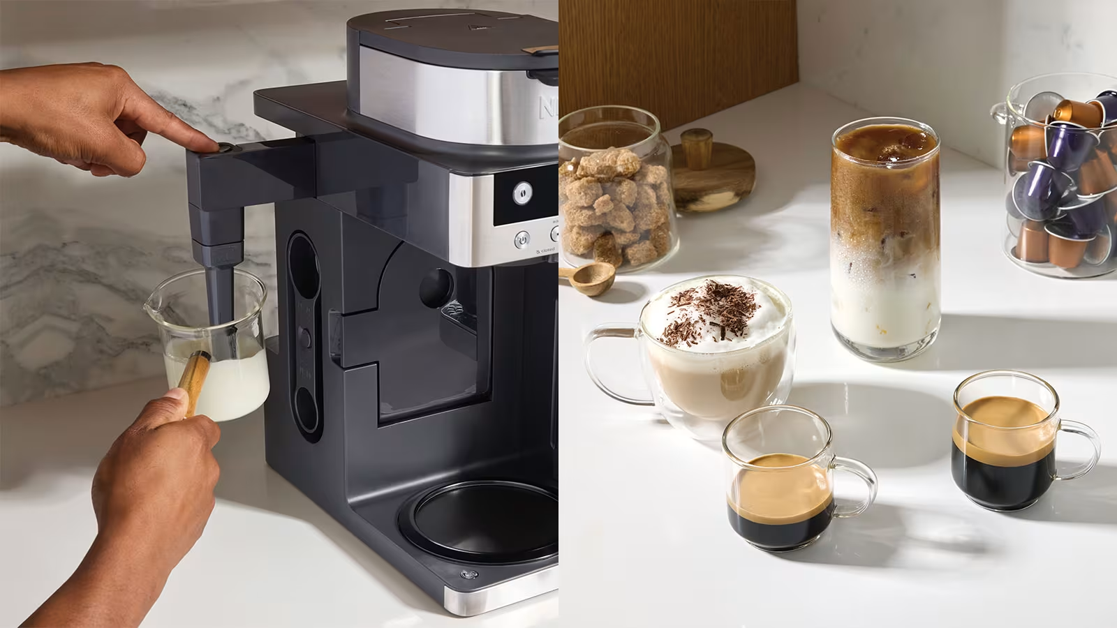 Macchina da caffè che eroga latte. Vengono esposte varie bevande al caffè, zucchero e capsule.