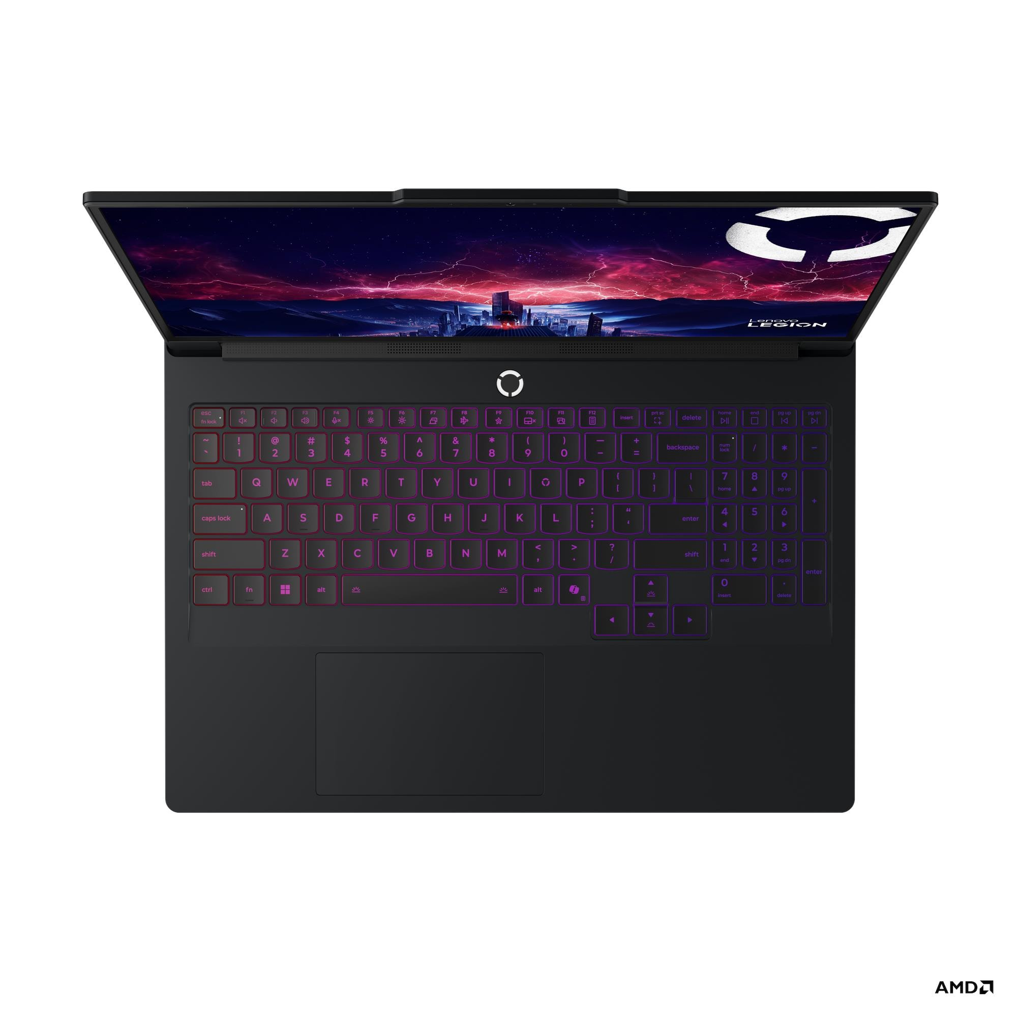 Draufsicht auf einen schwarzen Laptop mit farbigem Bildschirm. Tastatur und Lenovo Legion Logo sichtbar.