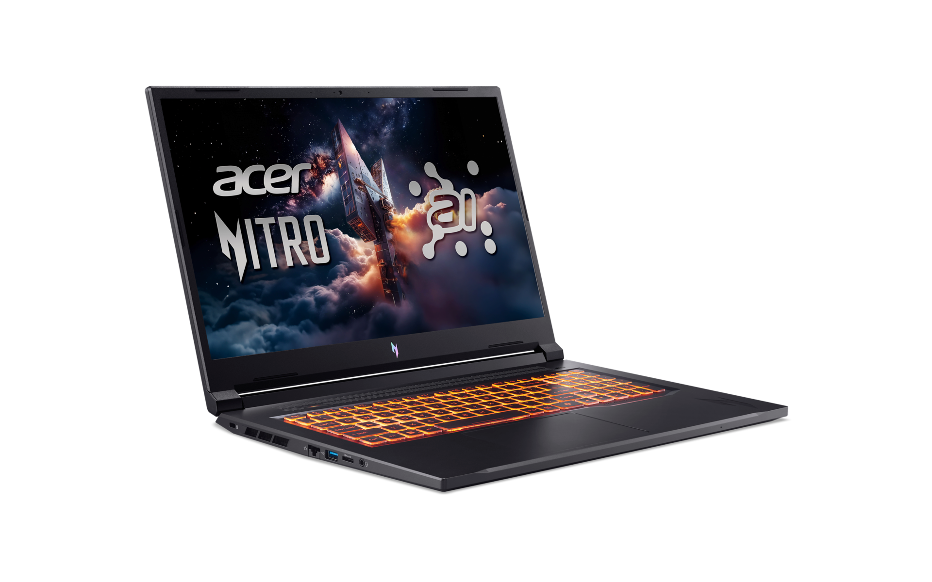 Acer Nitro Laptop auf weißem Grund. Bildschirm zeigt Weltraumszene, orangefarbene Tastaturbeleuchtung. Schwarzes Gehäuse. Acer- und Nitro-Logos.