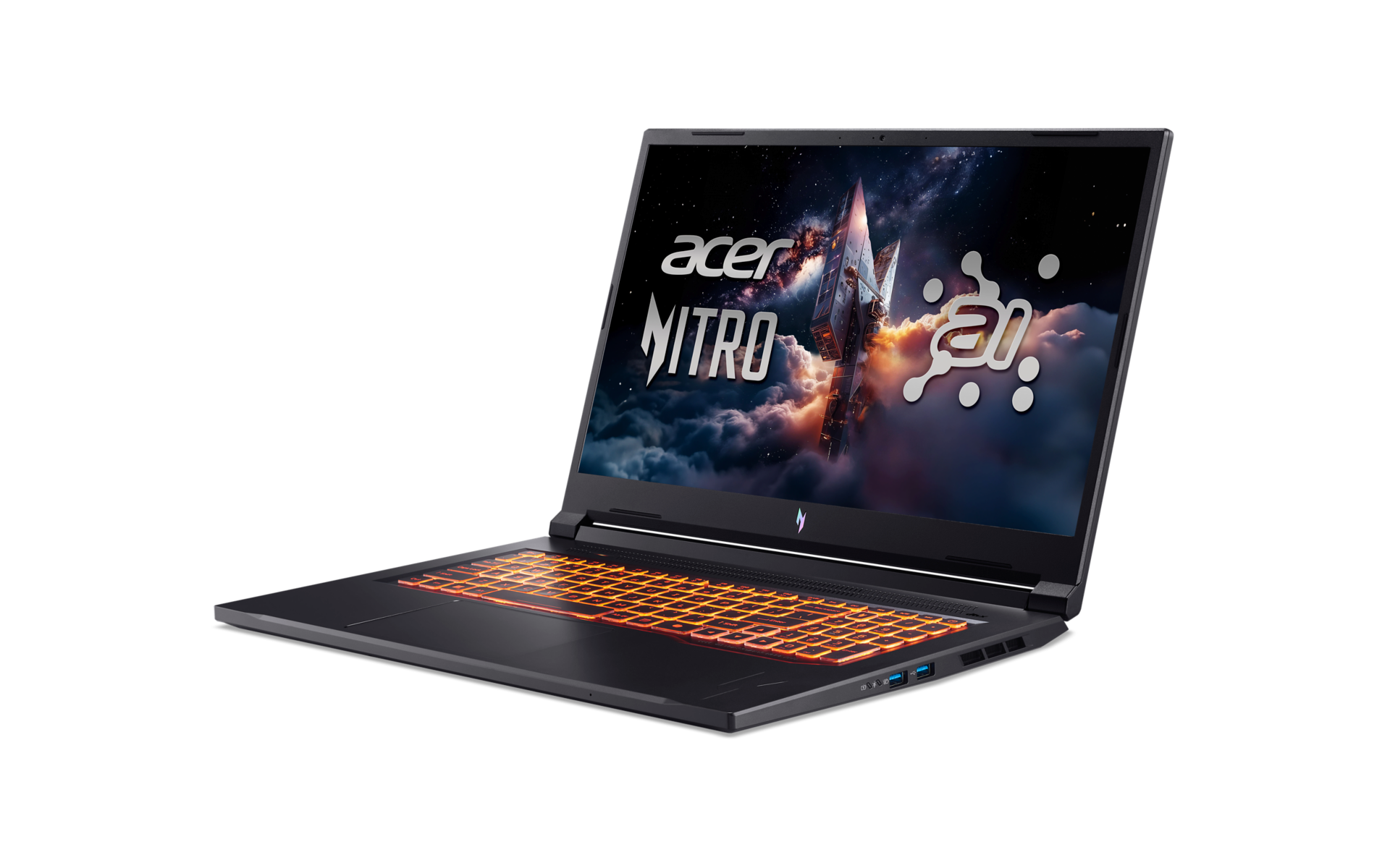 Acer Nitro Laptop vor weißem Hintergrund. Bildschirm zeigt Weltraumszene. Tastatur leuchtet orange.