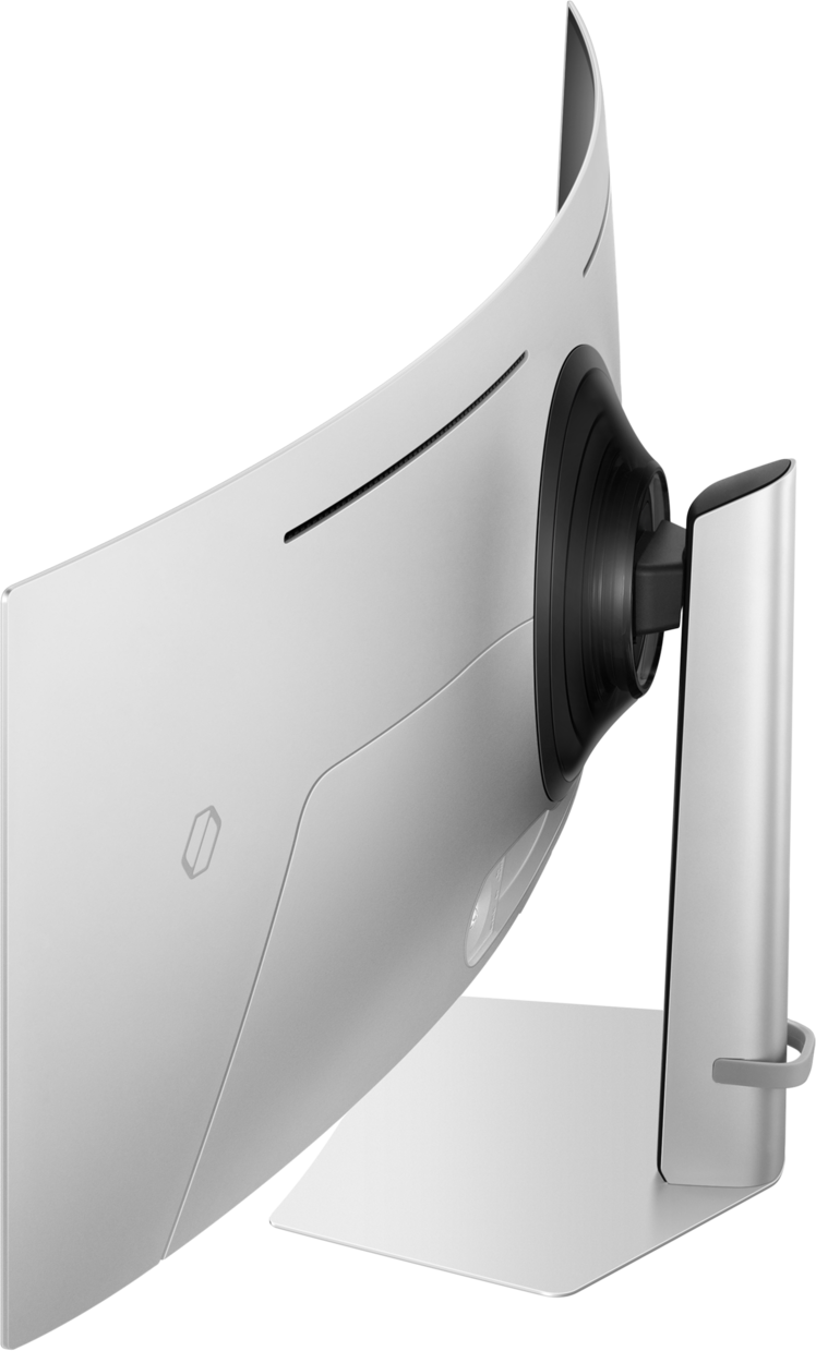 Ein gebogener weißer Computermonitor. Die Rückseite zeigt den Ständer und die Anschlusspunkte. Der Ständer ist silberfarben, mit einem grauen Griff.