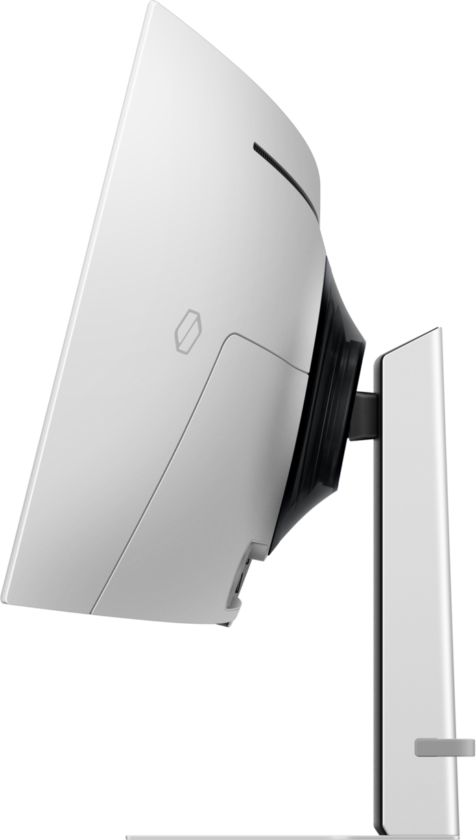 Ein weißer Computermonitor, Seitenansicht. Er hat einen gebogenen Bildschirm und einen Ständer. Der Ständer ist auch weiß.